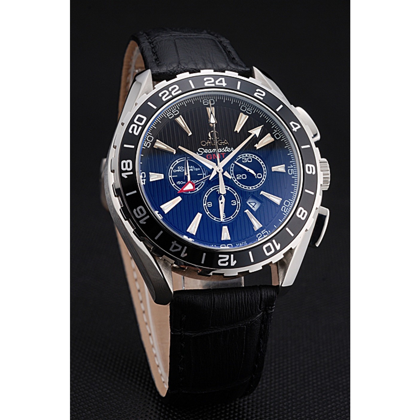 Omega Seamaster Aqua Terra Chrono GMT Black Dial Black Leather Bracelet 622535