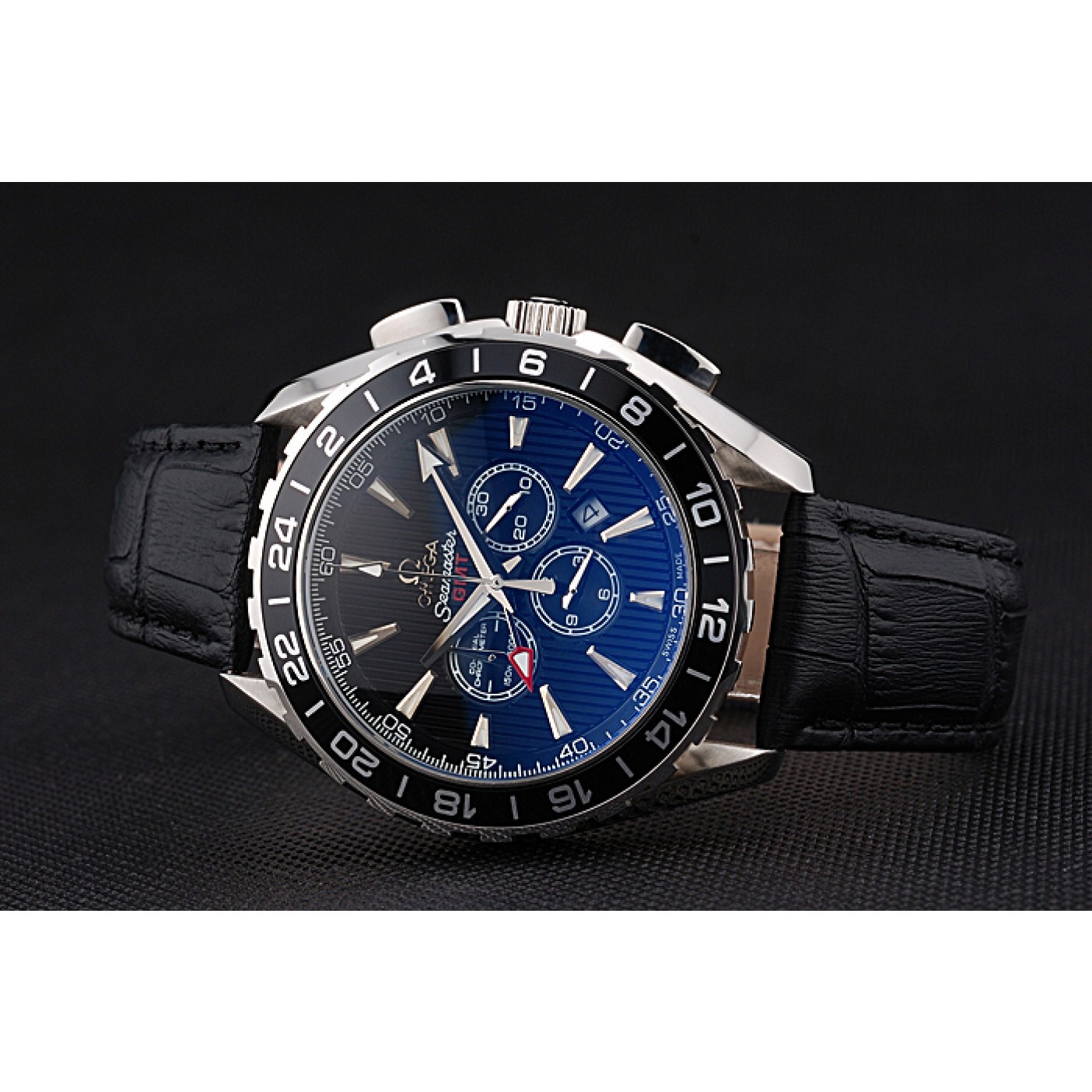 Omega Seamaster Aqua Terra Chrono GMT Black Dial Black Leather Bracelet 622535