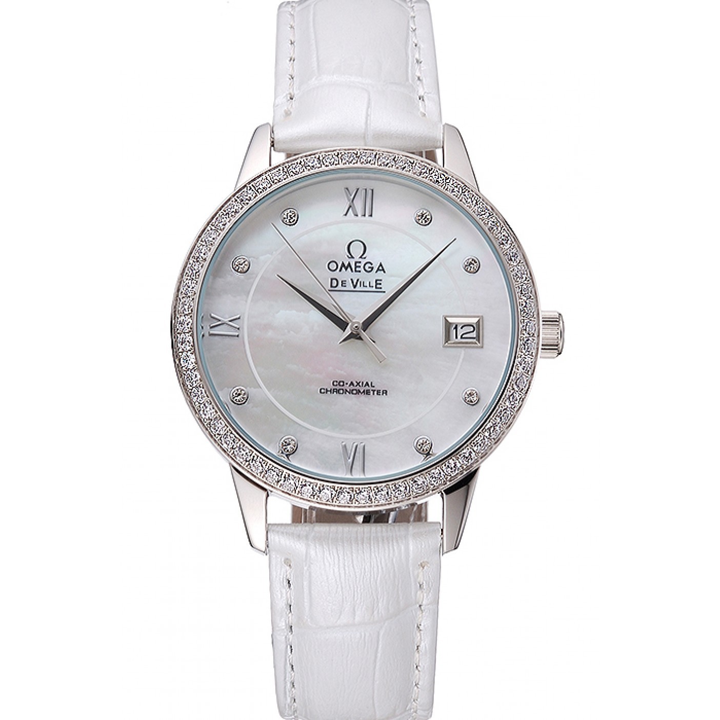 Omega DeVille Prestige Co-Axial Diamond Silver Case Mother-Of-Pearl Dial White Leather Strap