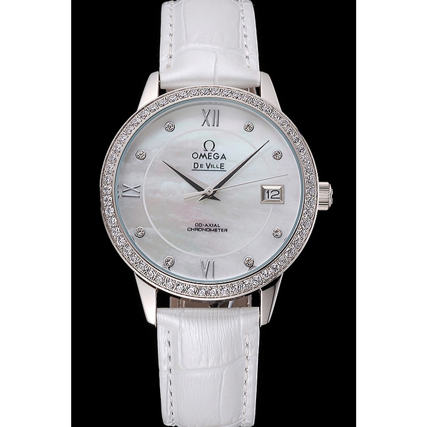 Omega DeVille Prestige Co-Axial Diamond Silver Case Mother-Of-Pearl Dial White Leather Strap