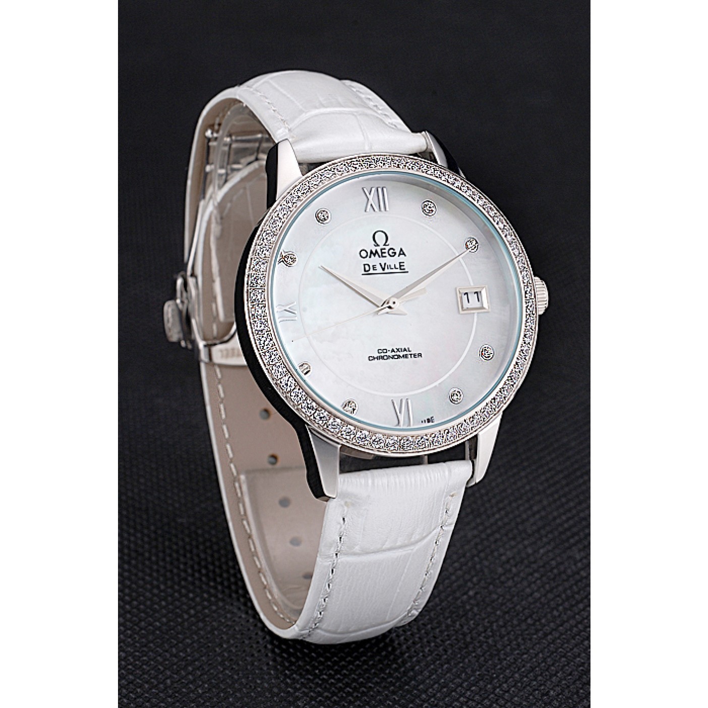 Omega DeVille Prestige Co-Axial Diamond Silver Case Mother-Of-Pearl Dial White Leather Strap