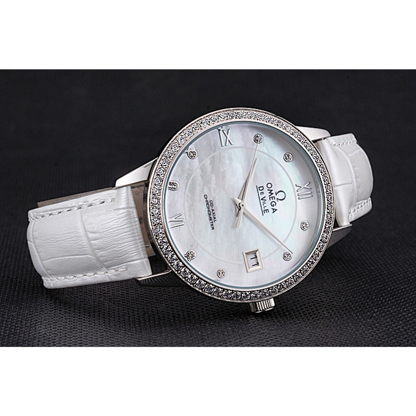 Omega DeVille Prestige Co-Axial Diamond Silver Case Mother-Of-Pearl Dial White Leather Strap