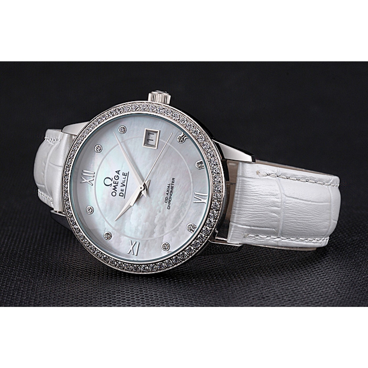 Omega DeVille Prestige Co-Axial Diamond Silver Case Mother-Of-Pearl Dial White Leather Strap