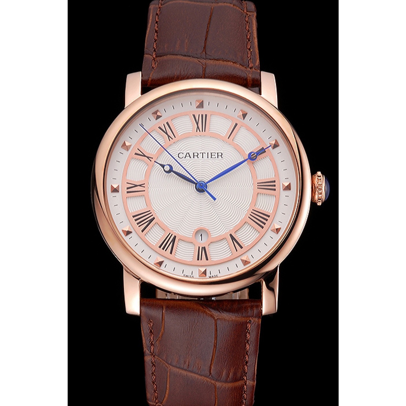 Cartier Rotonde Date White Dial Rose Gold Case Brown Leather Strap