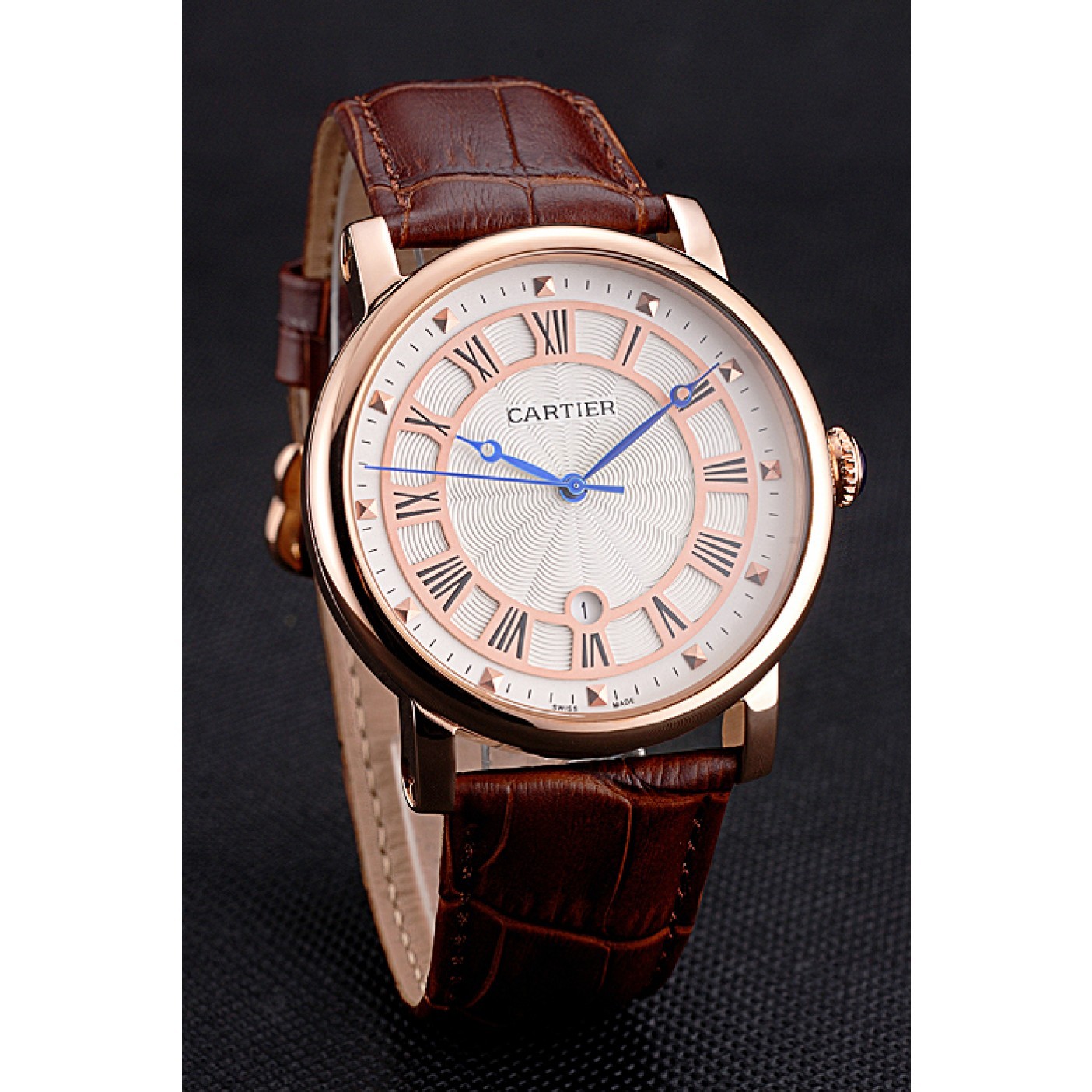 Cartier Rotonde Date White Dial Rose Gold Case Brown Leather Strap