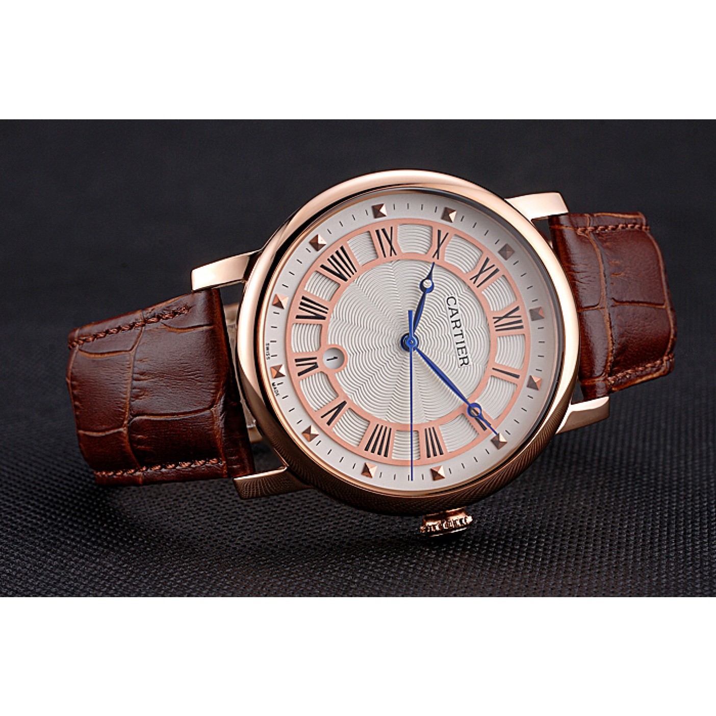 Cartier Rotonde Date White Dial Rose Gold Case Brown Leather Strap