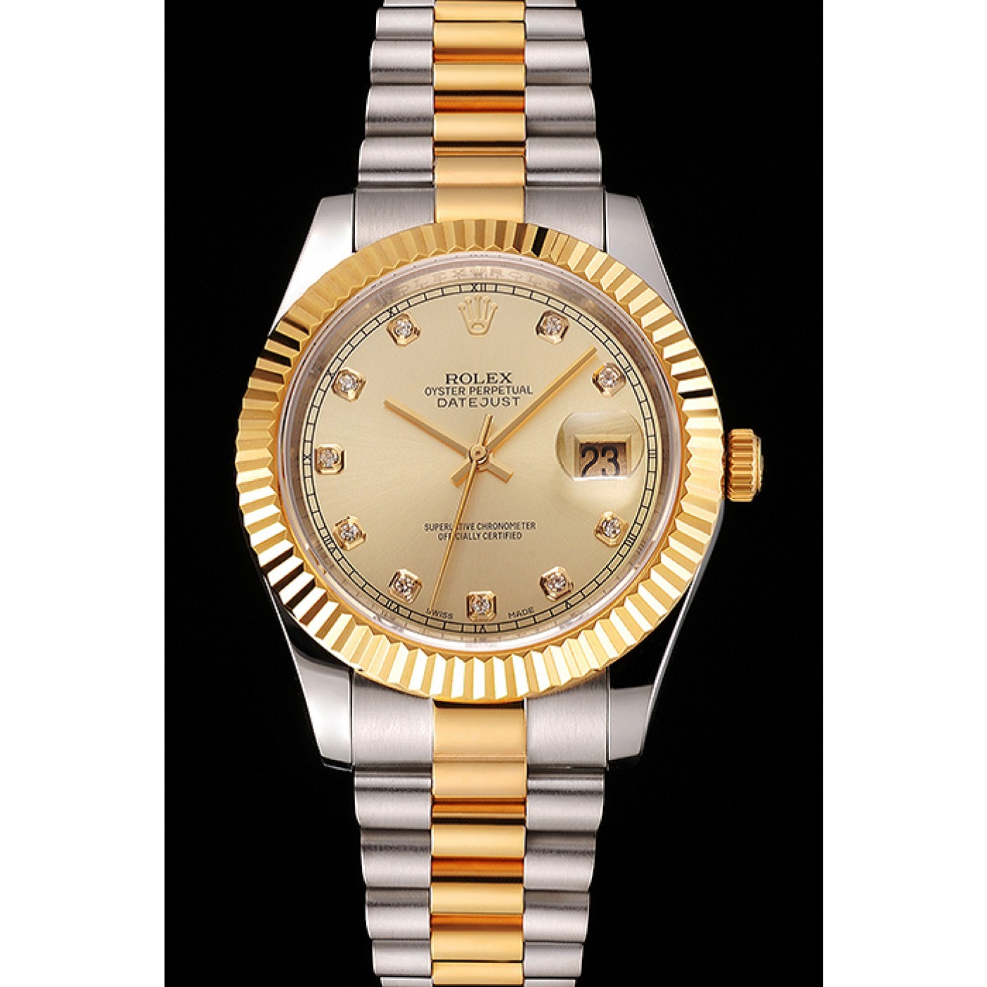 Swiss Rolex Datejust Gold Dial And Bezel Stainless Steel Case Two Tone Bracelet