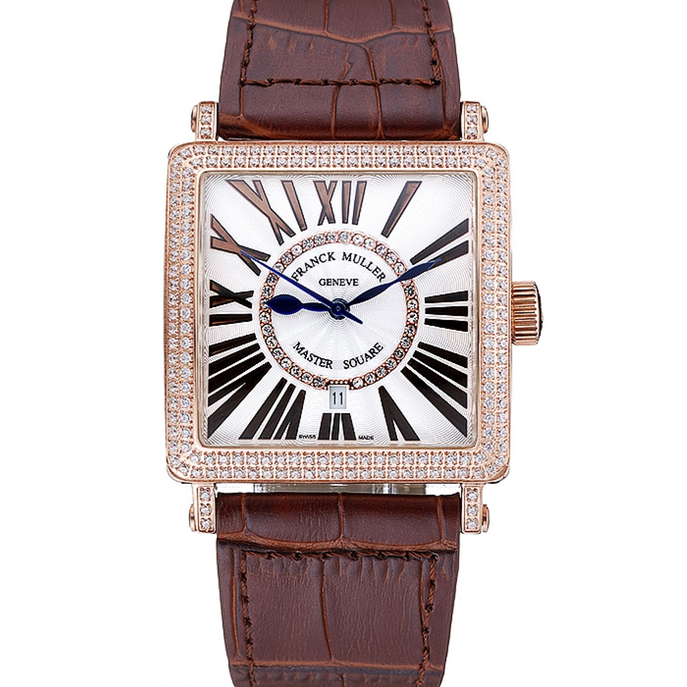 Franck Muller Master Square Diamond Encrusted Rose Gold Bezel Brown Croco Bracelet 80283