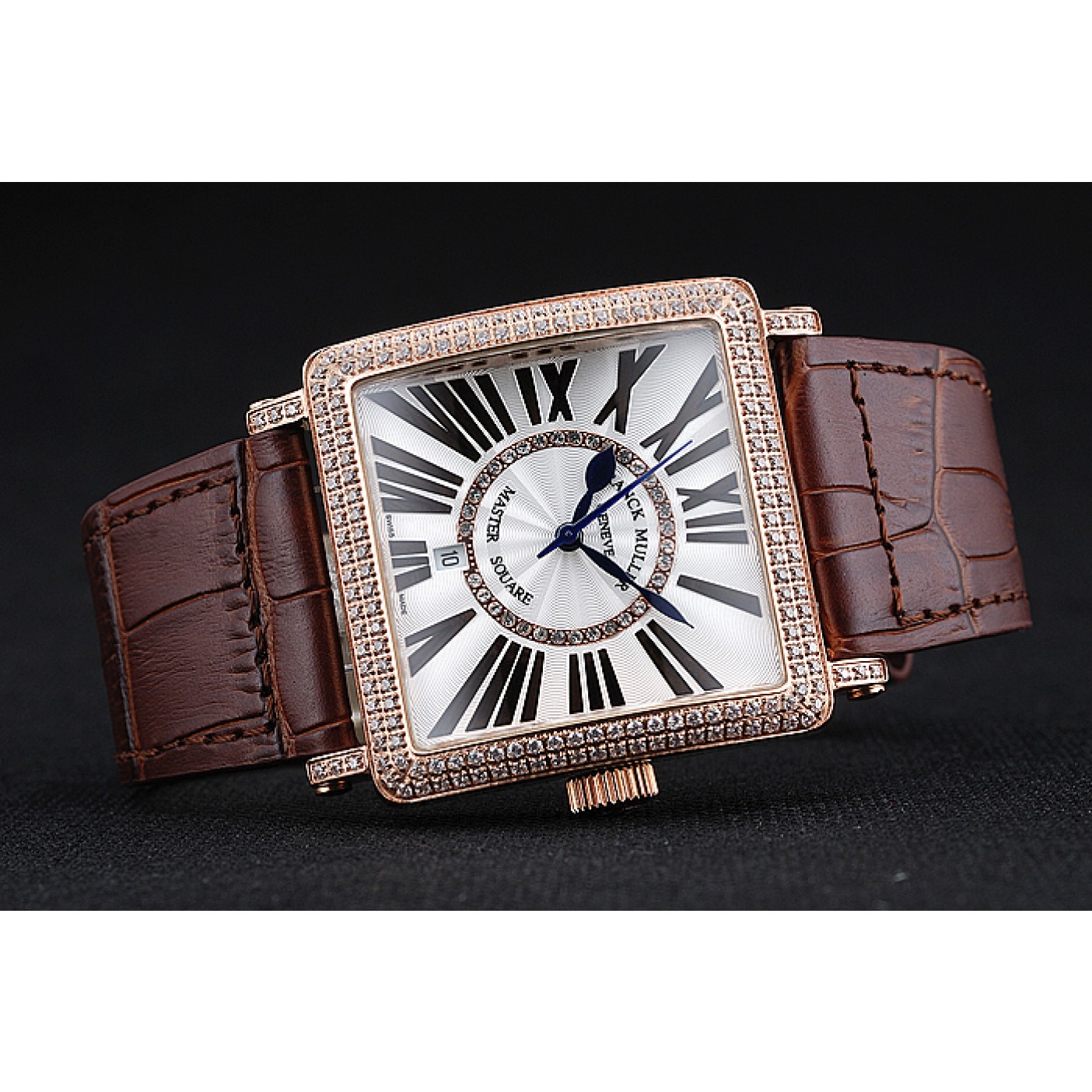 Franck Muller Master Square Diamond Encrusted Rose Gold Bezel Brown Croco Bracelet 80283