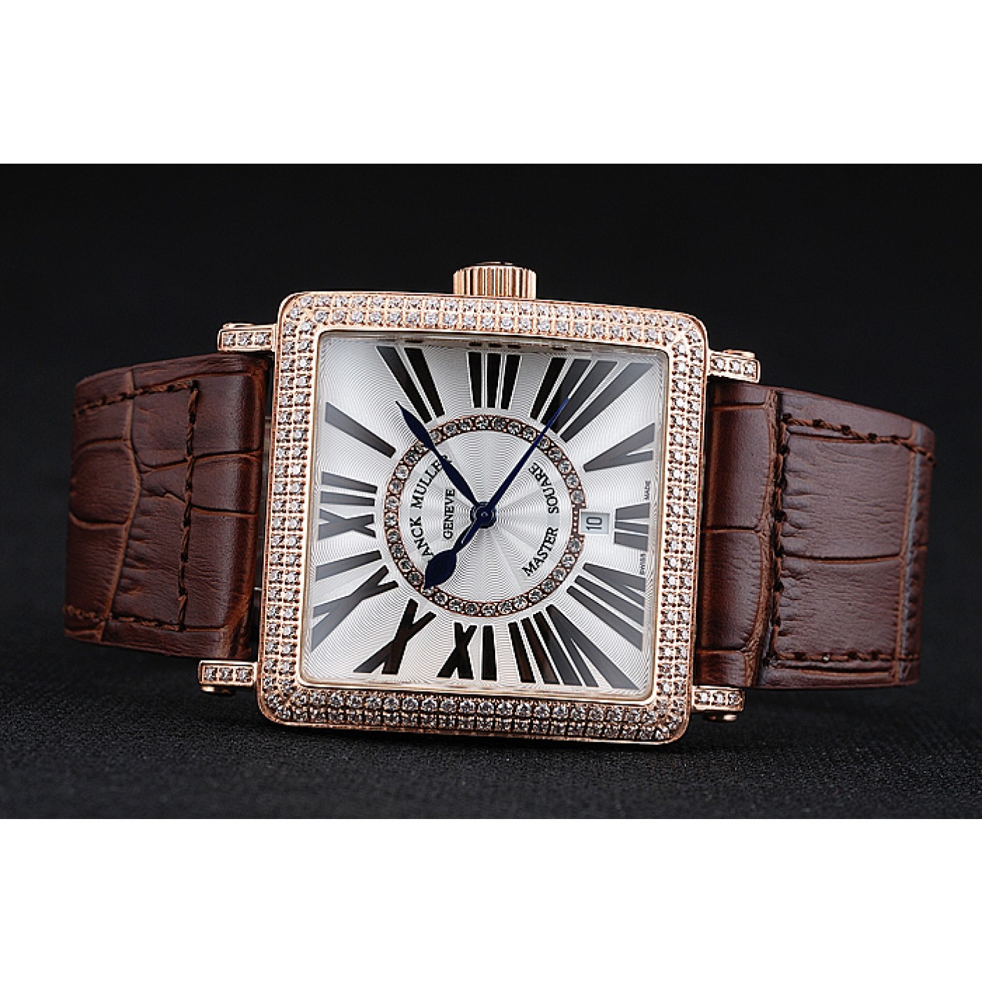 Franck Muller Master Square Diamond Encrusted Rose Gold Bezel Brown Croco Bracelet 80283