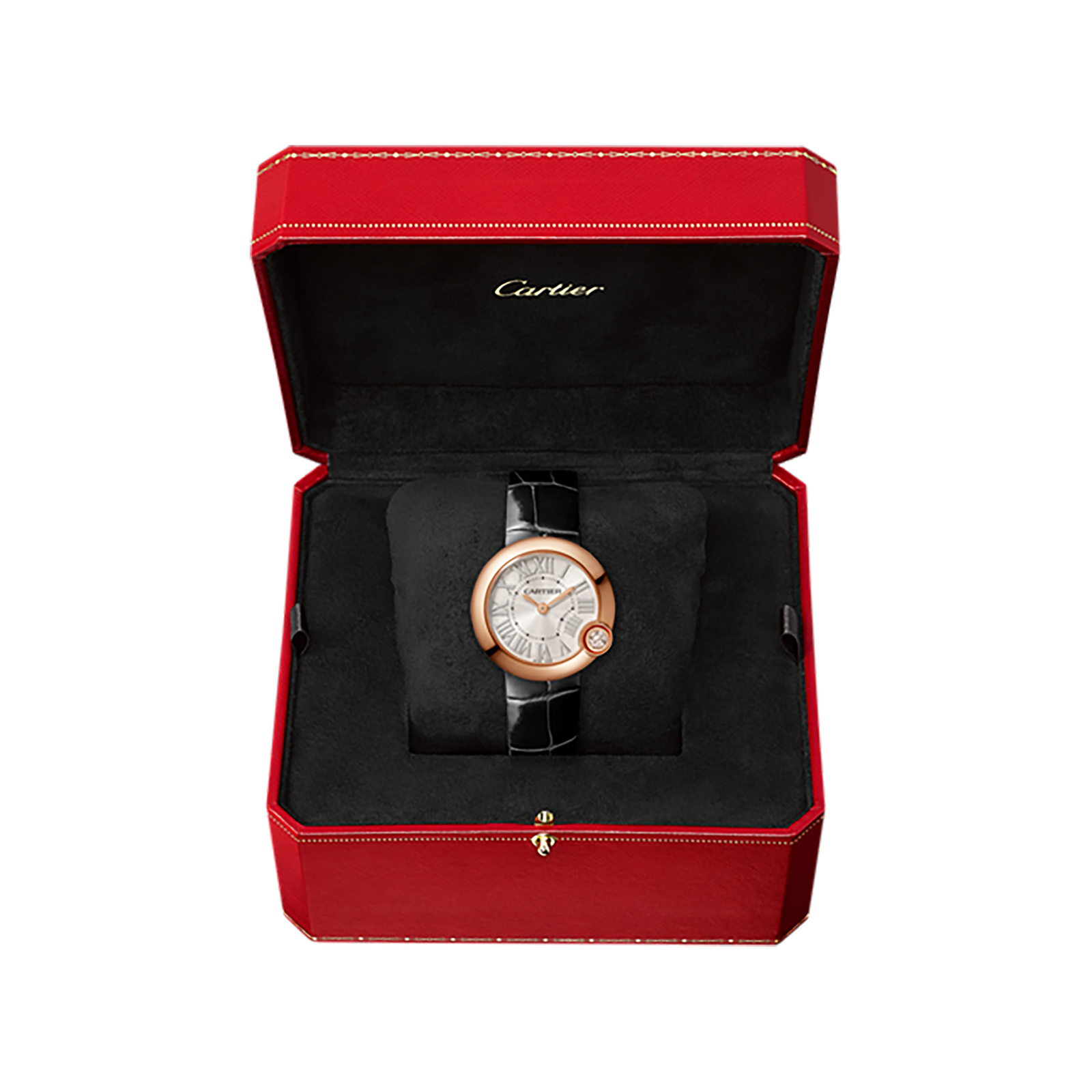 Swiss Ballon Blanc de Cartier watch, 30 mm, rose gold, diamond, leather