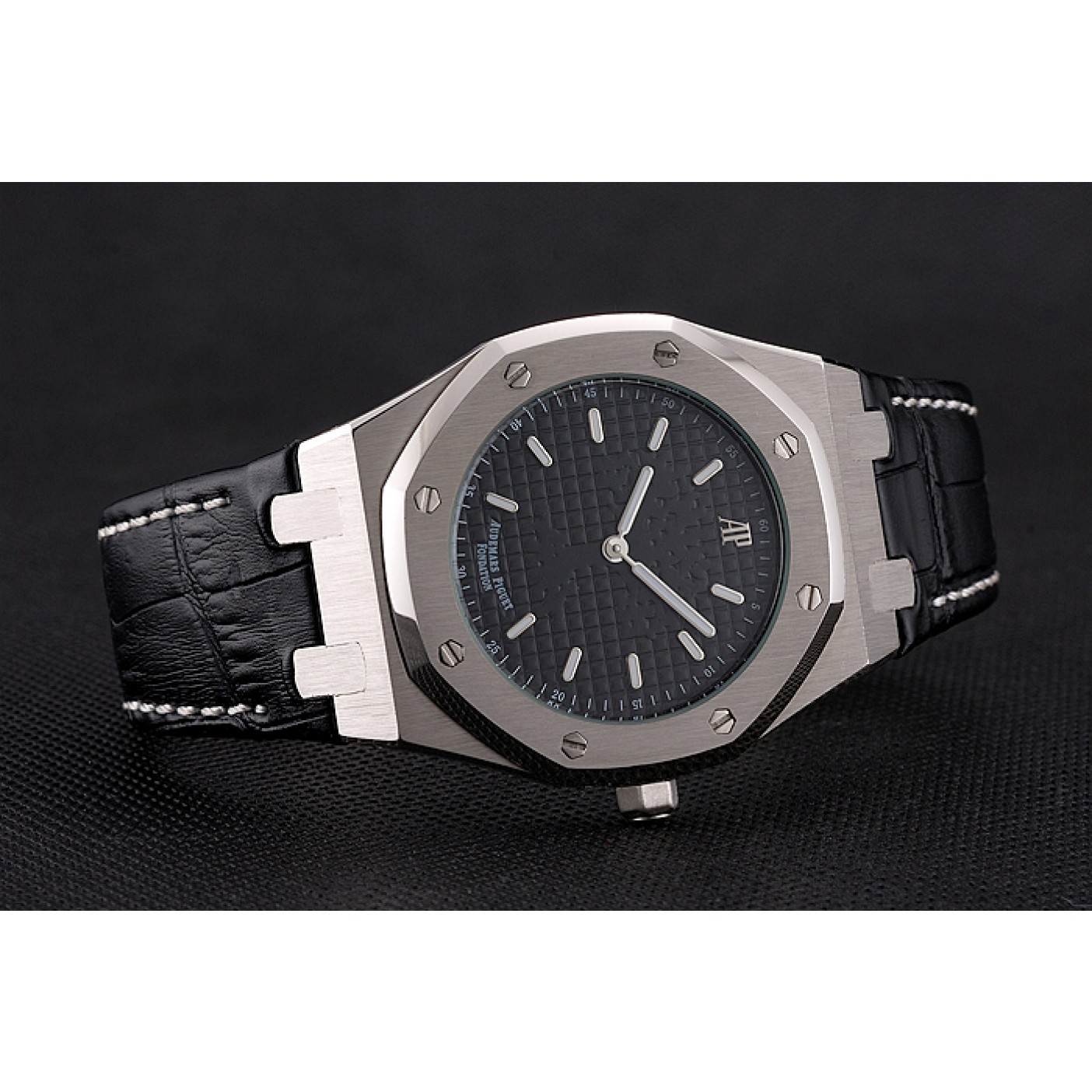 Audemars Piguet Royal Oak Fondation Black Dial Stainless Steel Case Black Leather Strap