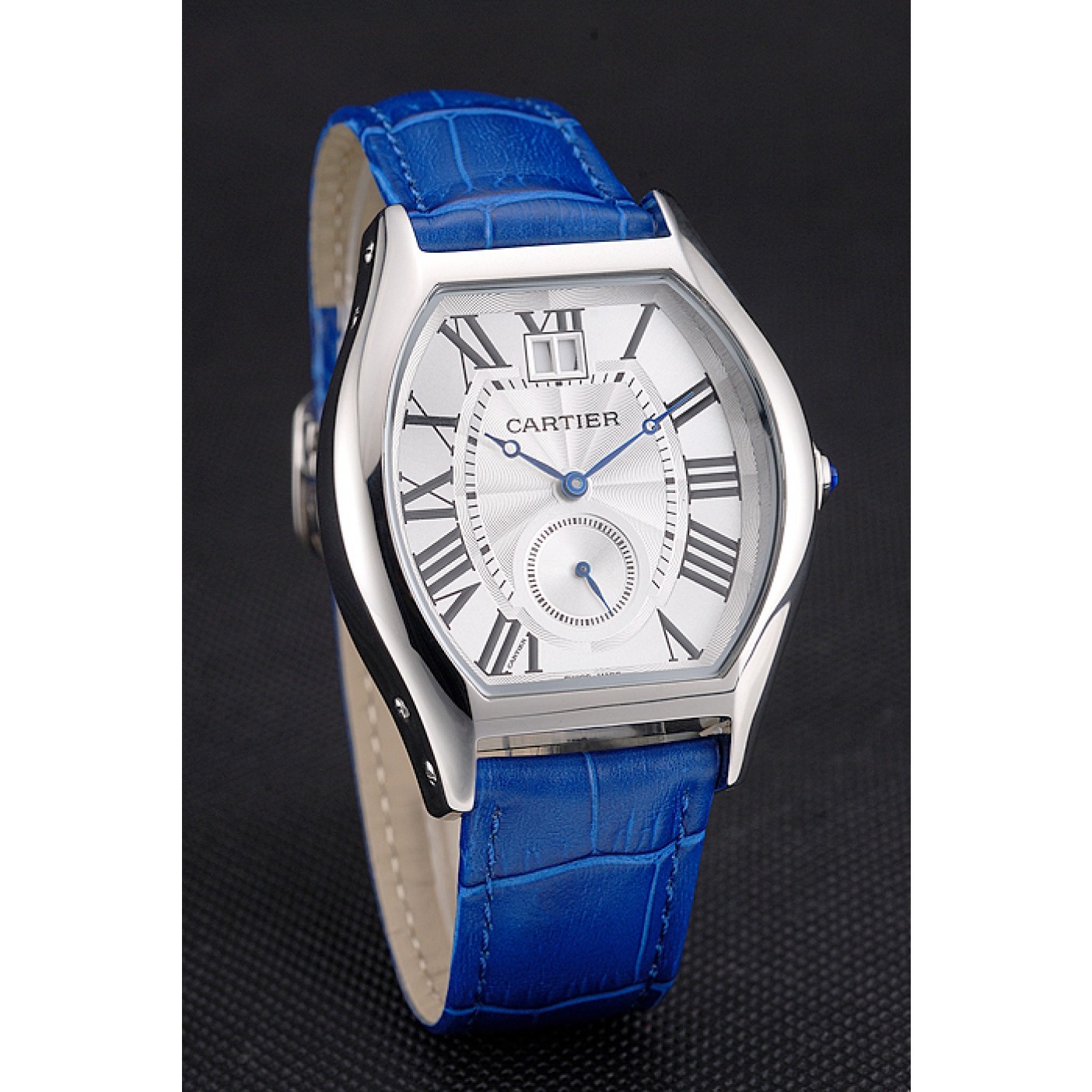 Cartier Tortue Large Date White Dial Stainless Steel Case Blue Leather Strap