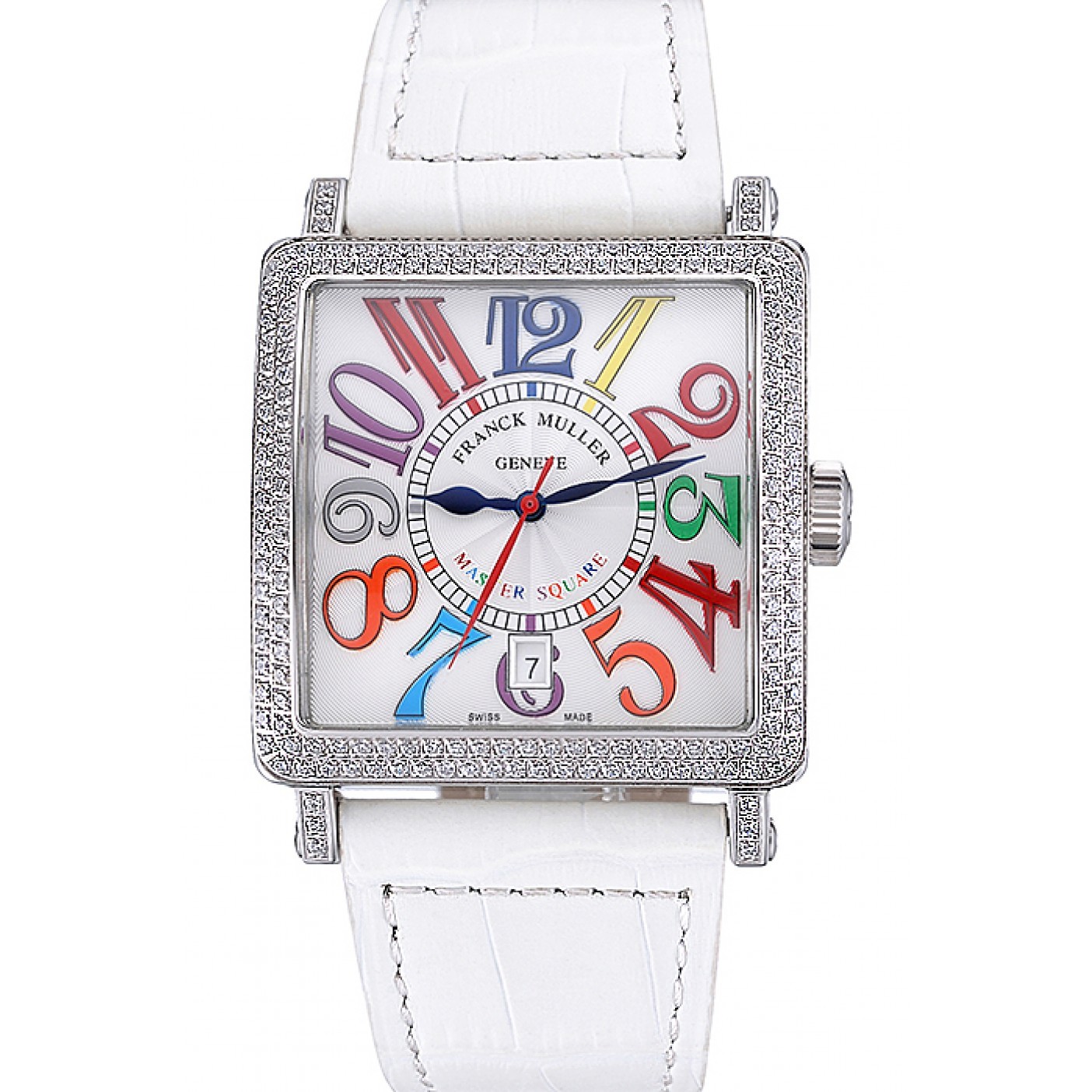 Franck Muller Master Square Color Dreams Diamonds Case White Leather Band 622356