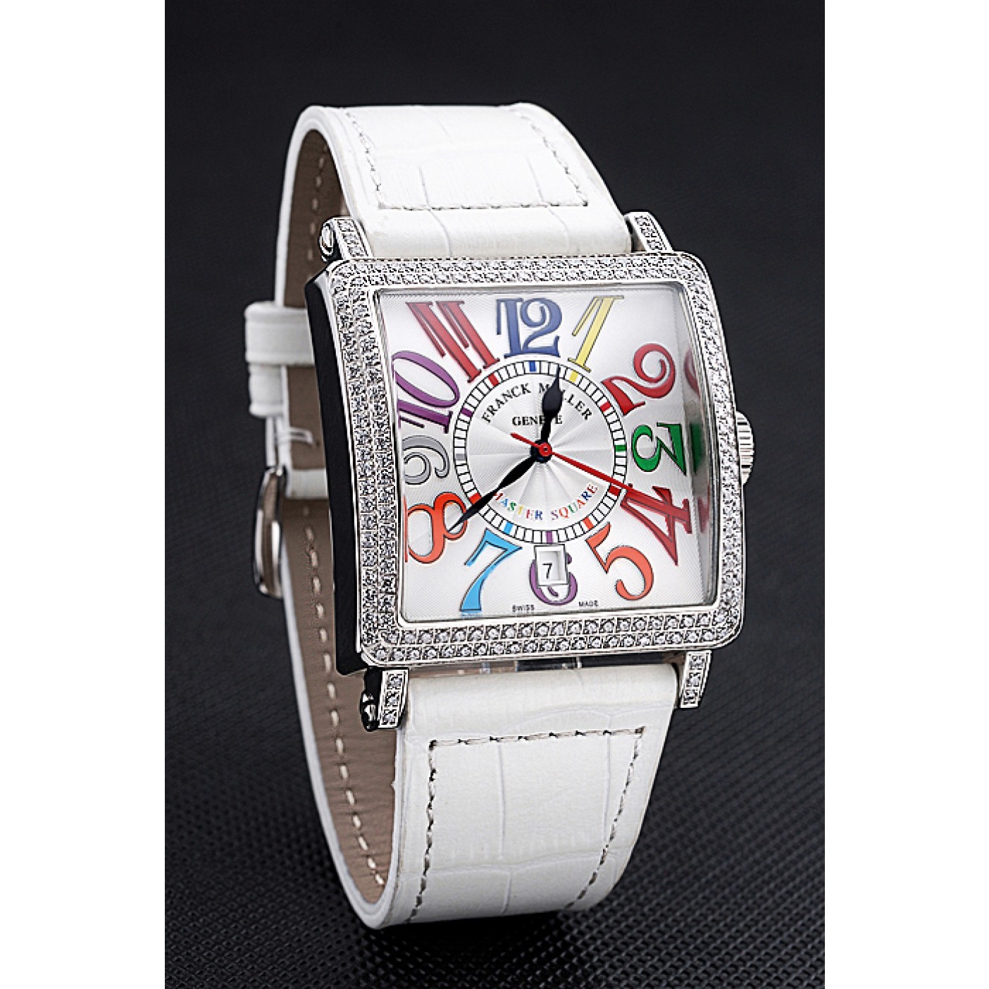 Franck Muller Master Square Color Dreams Diamonds Case White Leather Band 622356