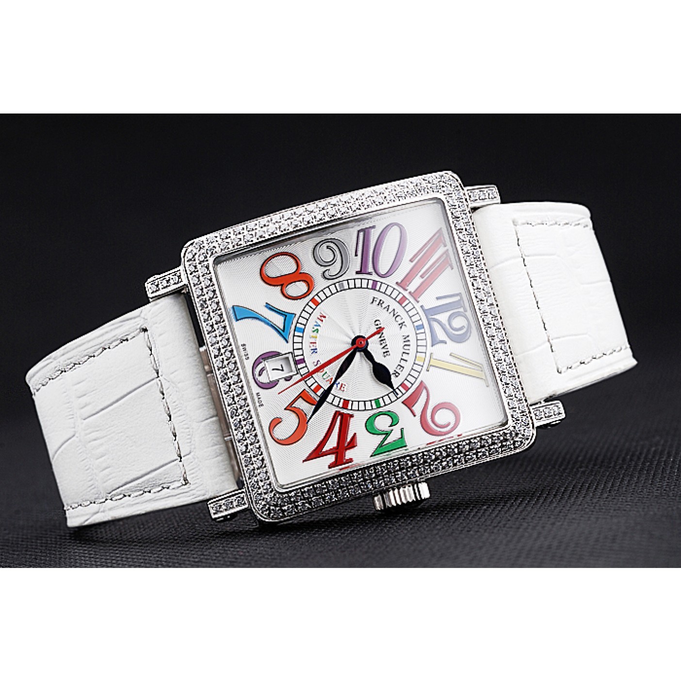 Franck Muller Master Square Color Dreams Diamonds Case White Leather Band 622356