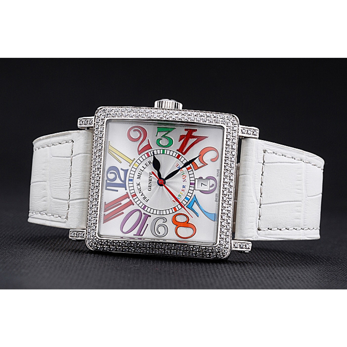 Franck Muller Master Square Color Dreams Diamonds Case White Leather Band 622356