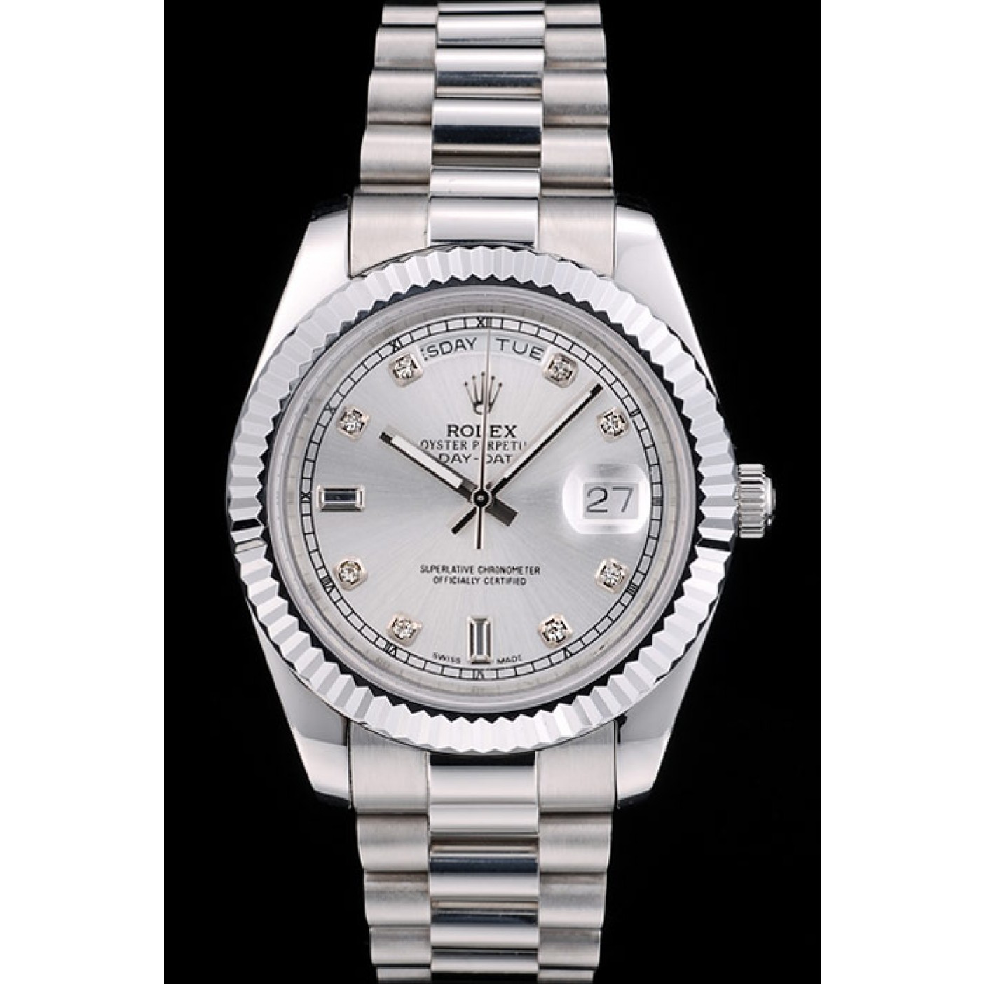 RepTime Watches Rolex Swiss DayDate Stainless Steel Ribbed Bezel Silver Dial 41995