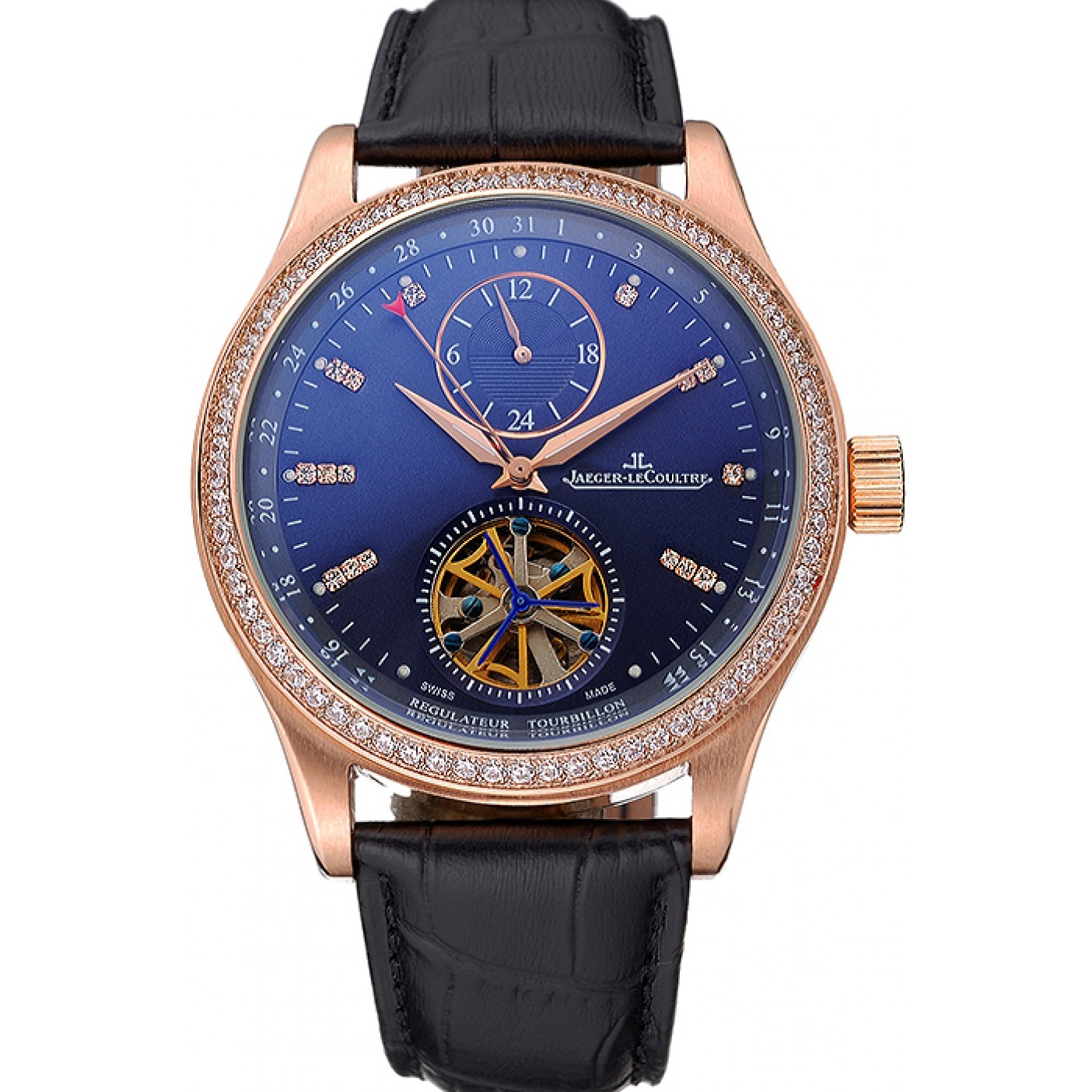 Jaeger-LeCoultre Master Tourbillon Dualtime Black Dial Gold Case With Diamonds Brown Leather Strap 622783