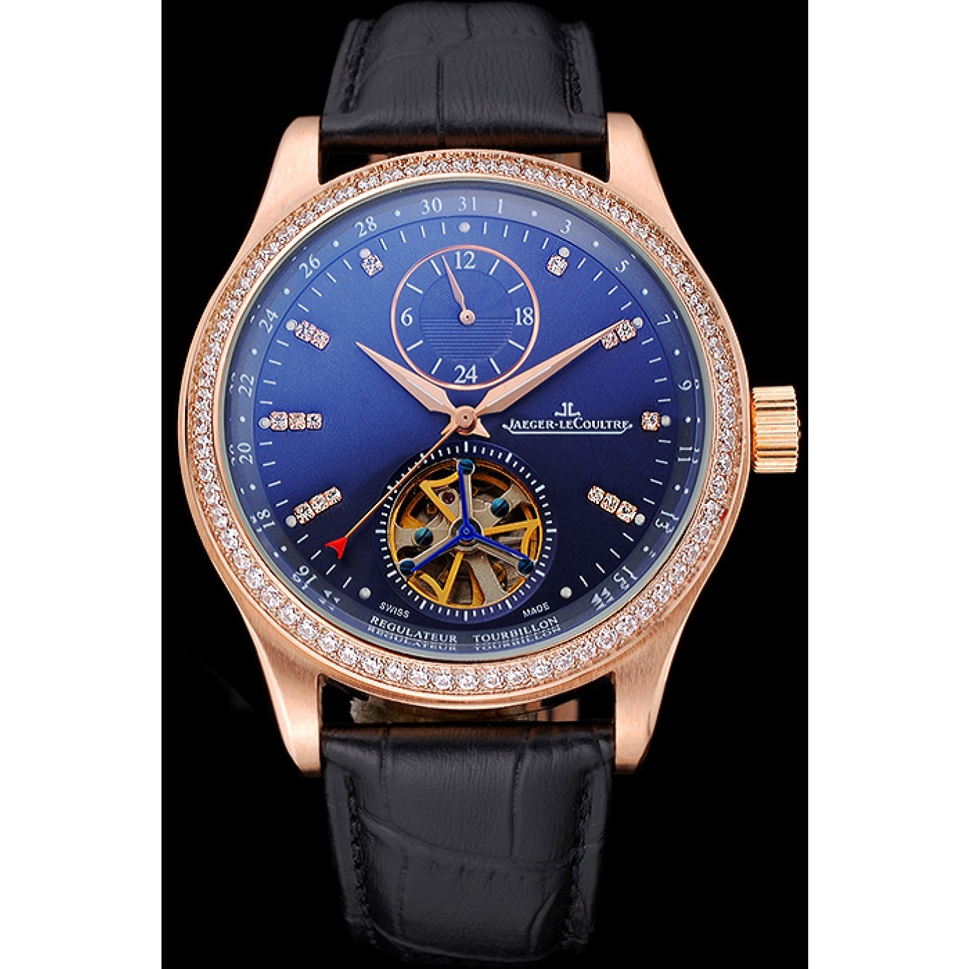 Jaeger-LeCoultre Master Tourbillon Dualtime Black Dial Gold Case With Diamonds Brown Leather Strap 622783