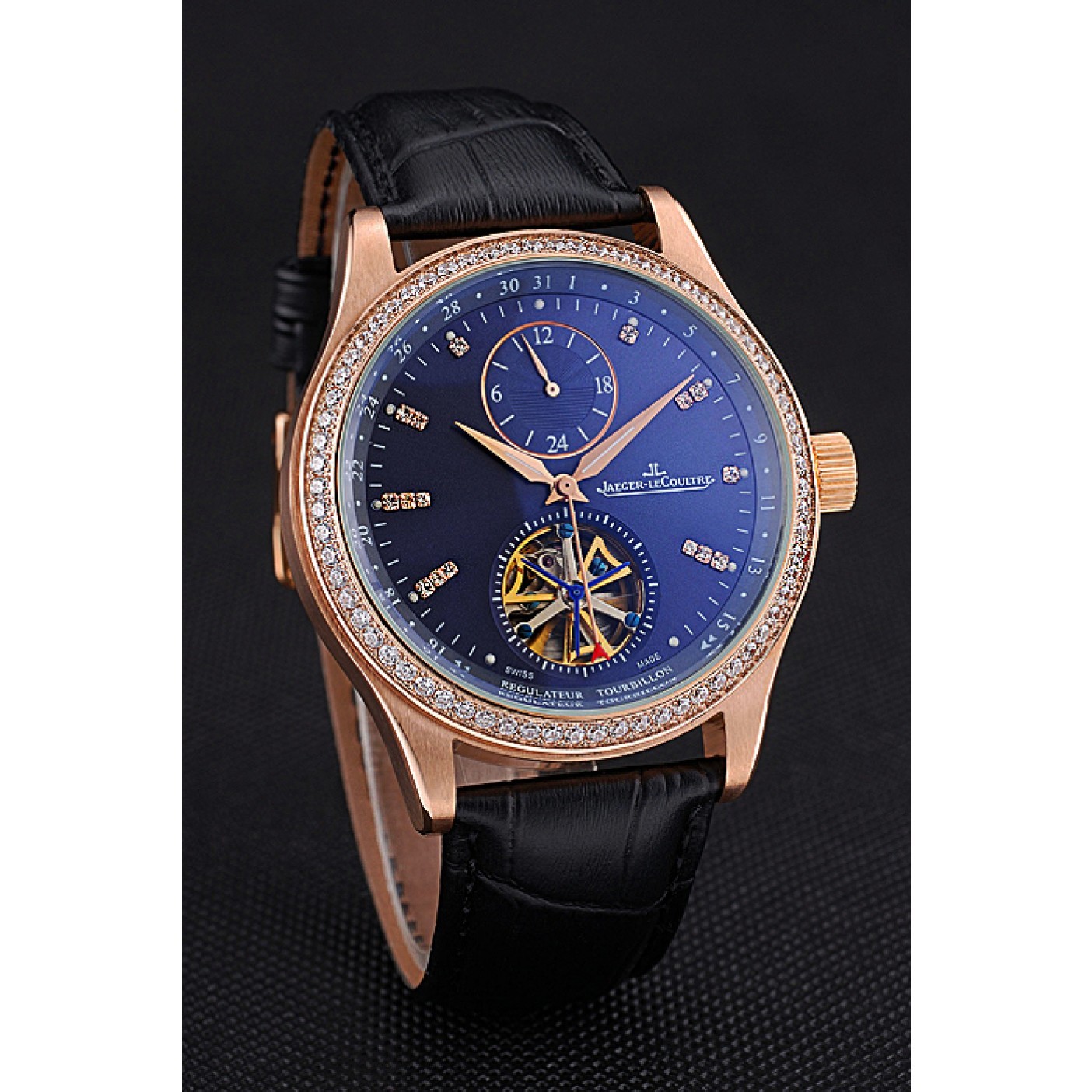 Jaeger-LeCoultre Master Tourbillon Dualtime Black Dial Gold Case With Diamonds Brown Leather Strap 622783