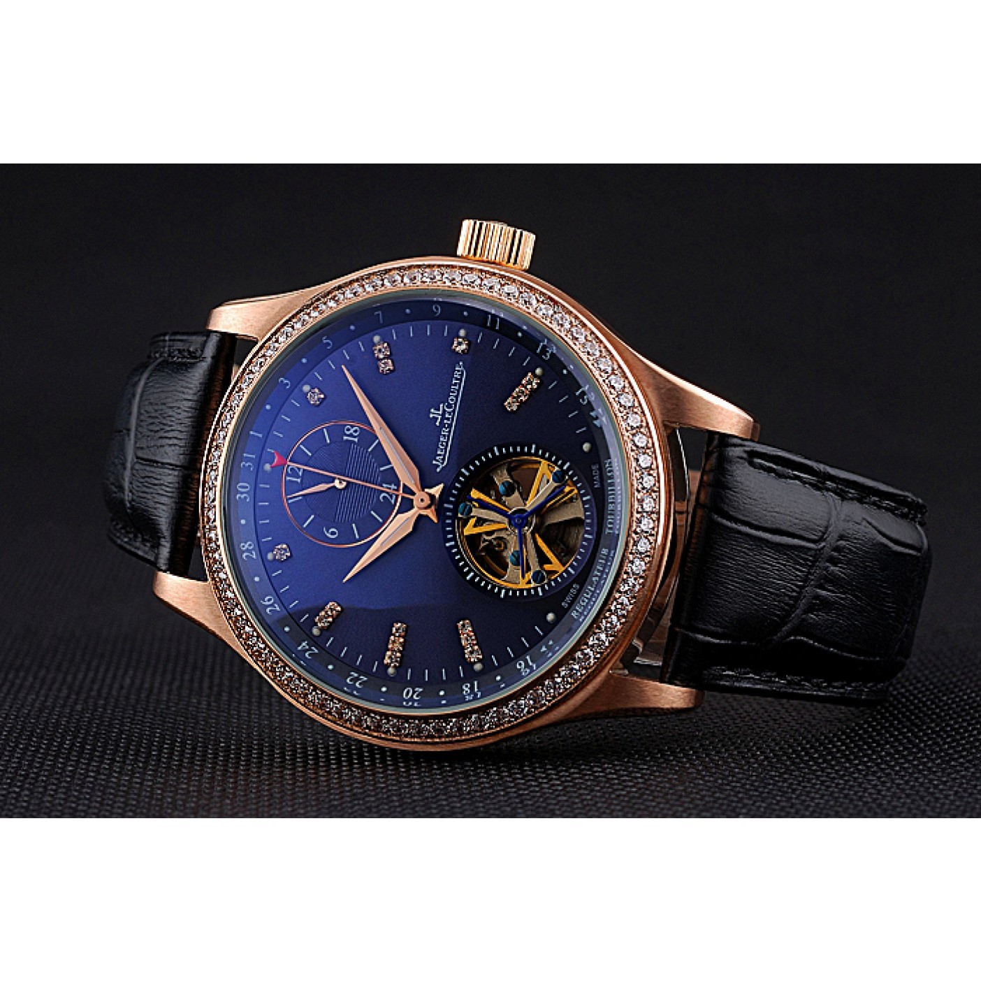 Jaeger-LeCoultre Master Tourbillon Dualtime Black Dial Gold Case With Diamonds Brown Leather Strap 622783