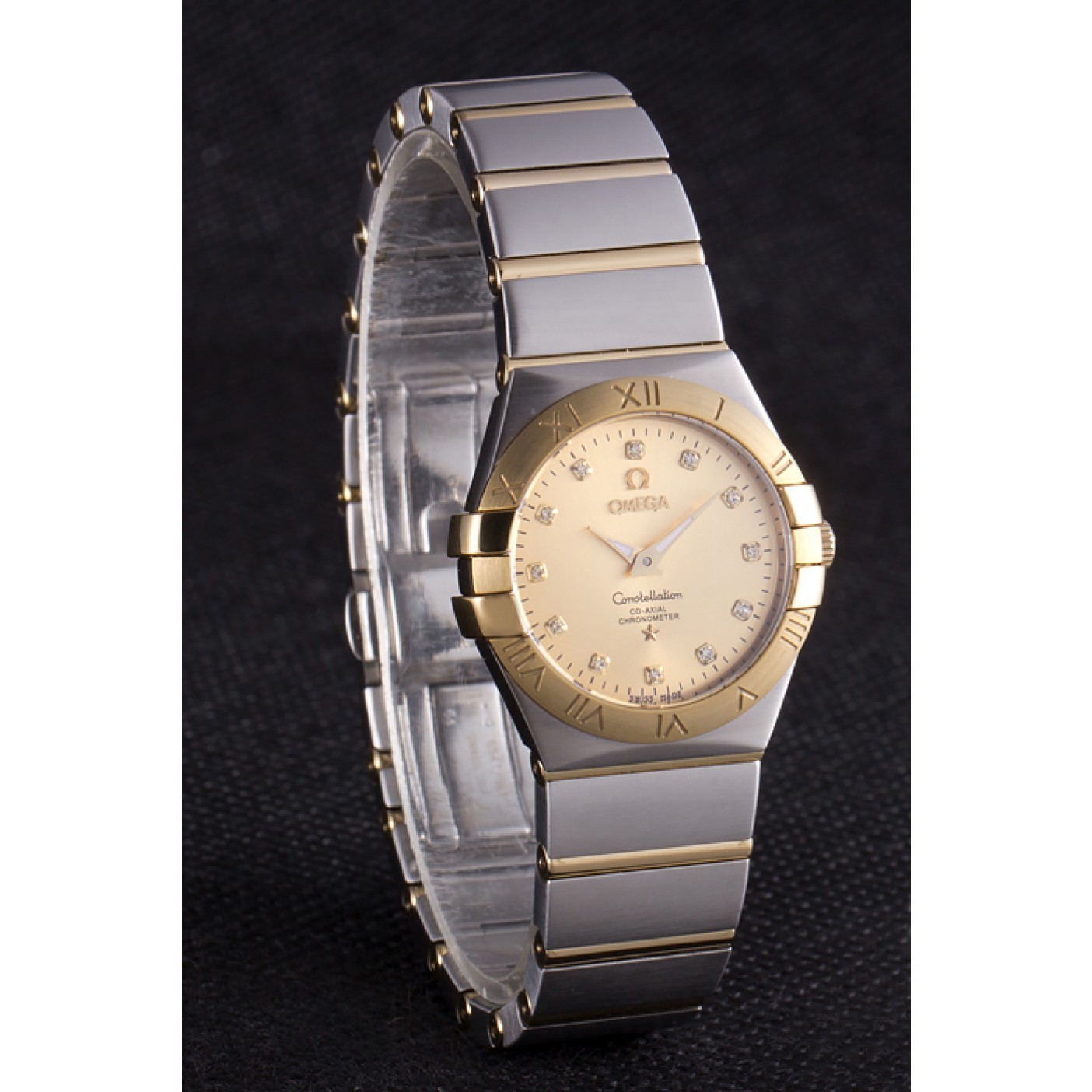 Swiss Lady Omega Constellation Stainless Steel Bracelet Golden Dial 80292