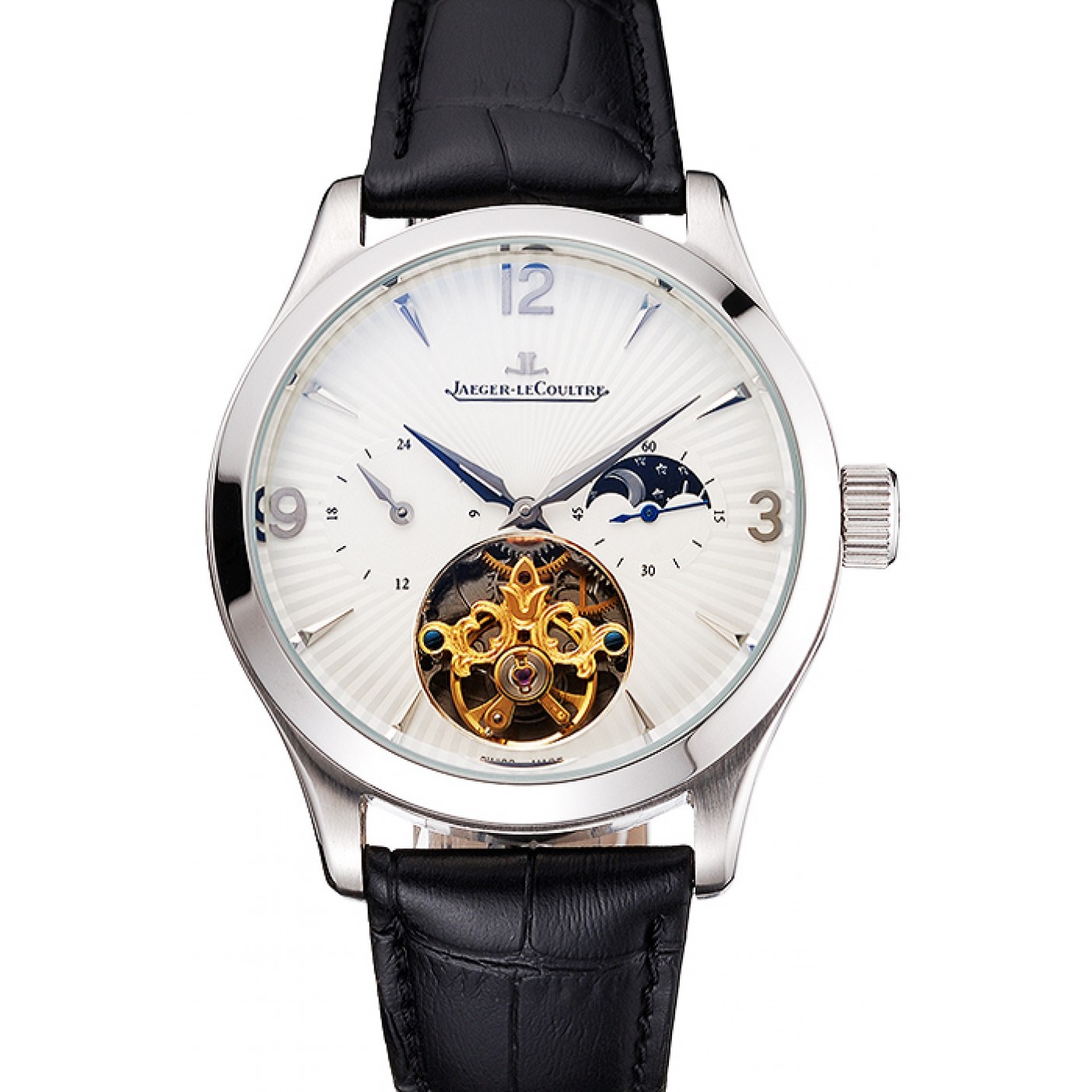 Jaeger LeCoultre Master Moonphase Tourbillon White Dial Stainless Steel Case Black Leather Strap