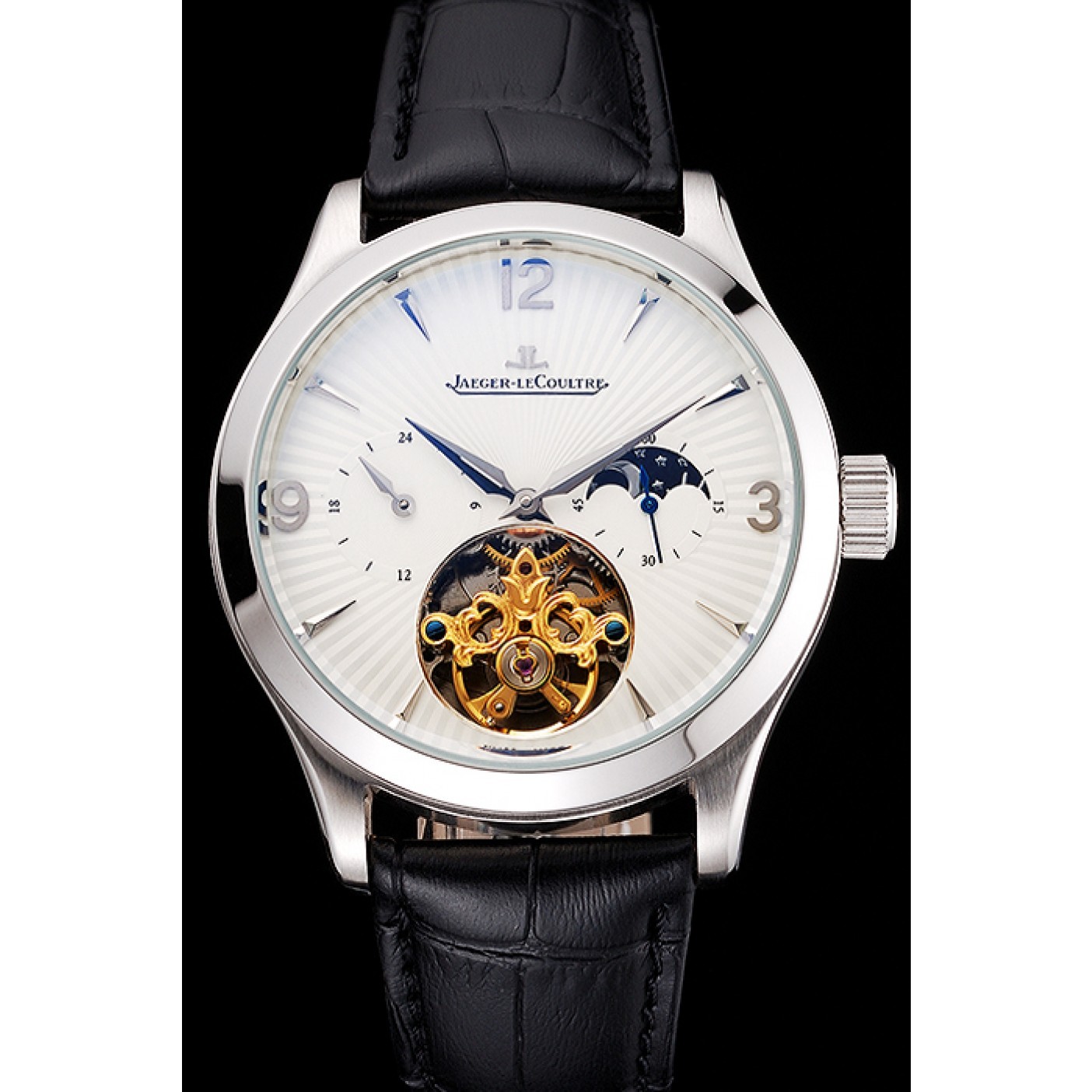 Jaeger LeCoultre Master Moonphase Tourbillon White Dial Stainless Steel Case Black Leather Strap