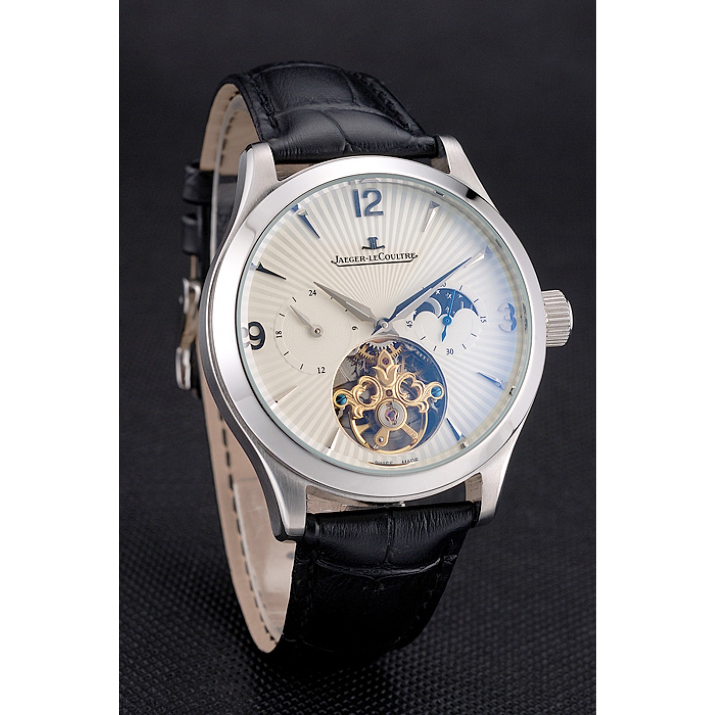 Jaeger LeCoultre Master Moonphase Tourbillon White Dial Stainless Steel Case Black Leather Strap