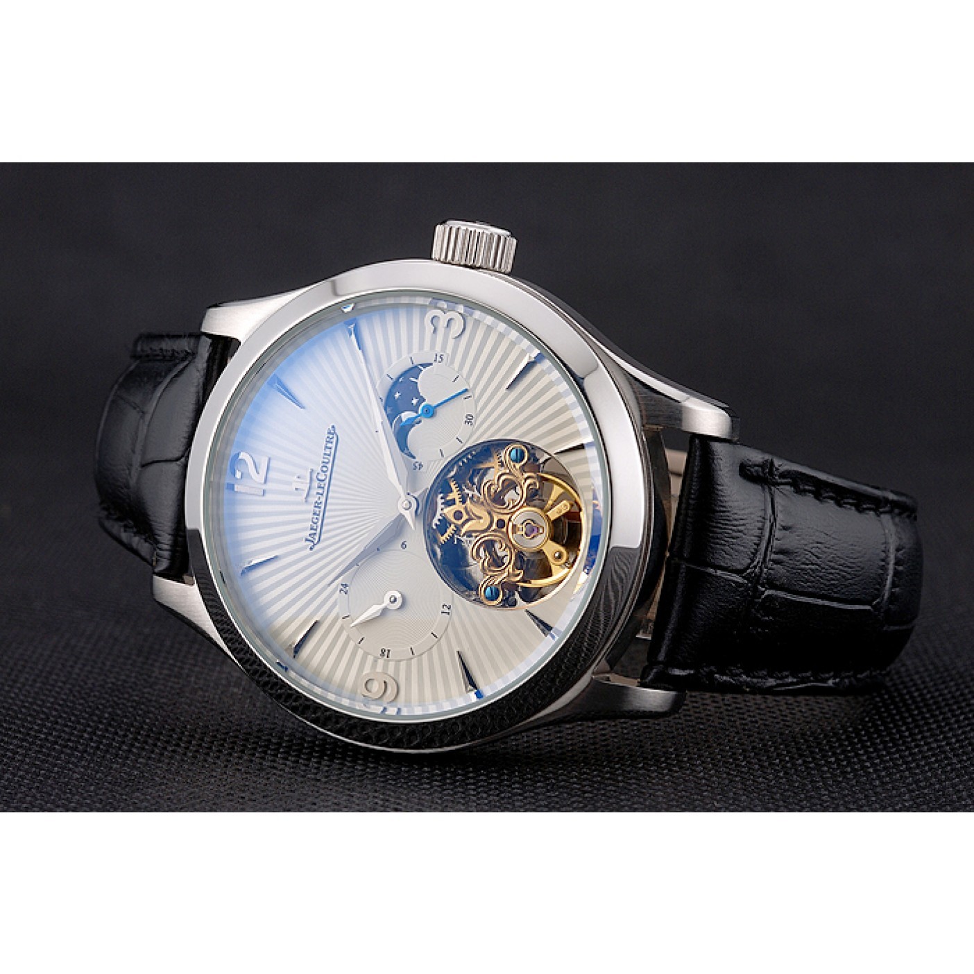 Jaeger LeCoultre Master Moonphase Tourbillon White Dial Stainless Steel Case Black Leather Strap