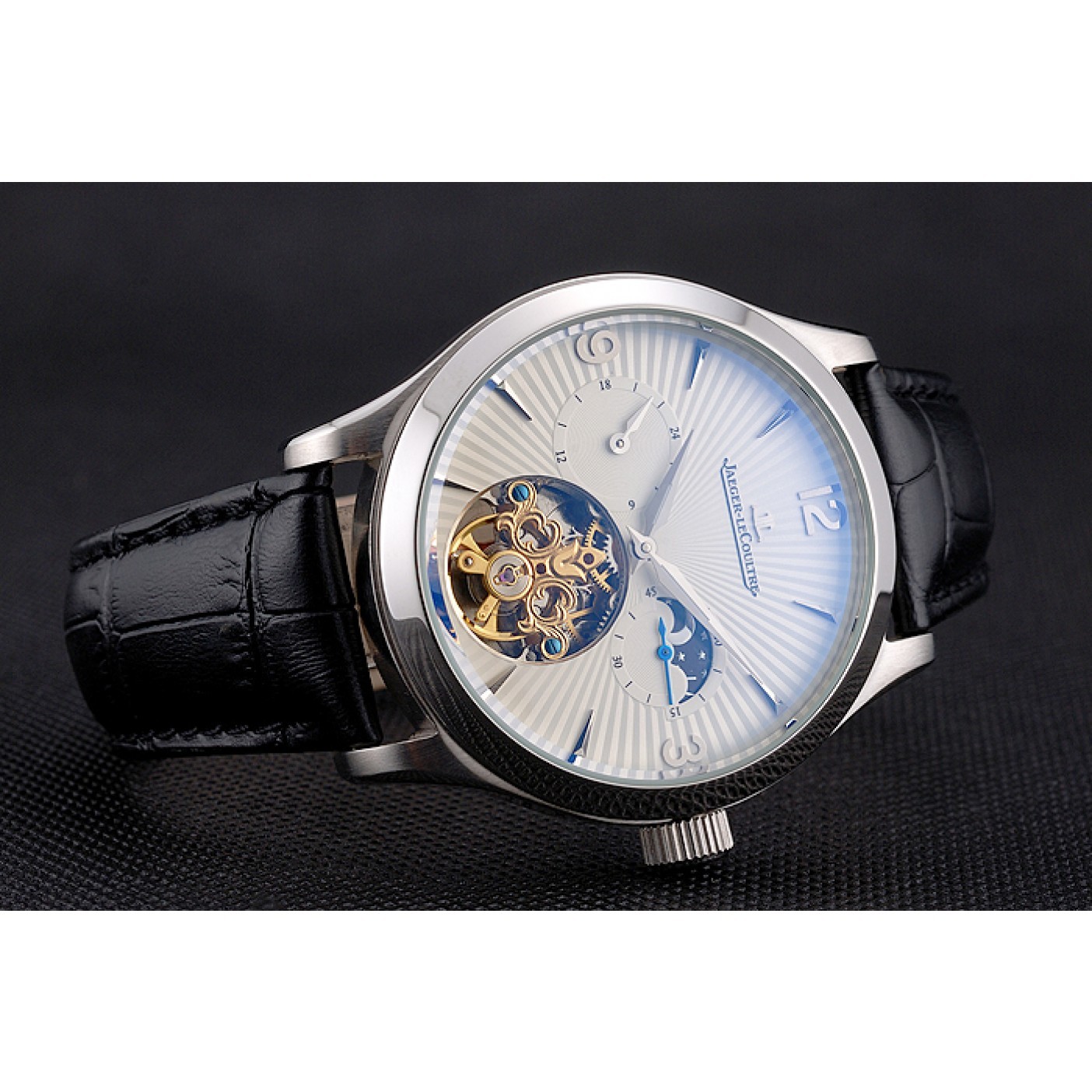 Jaeger LeCoultre Master Moonphase Tourbillon White Dial Stainless Steel Case Black Leather Strap