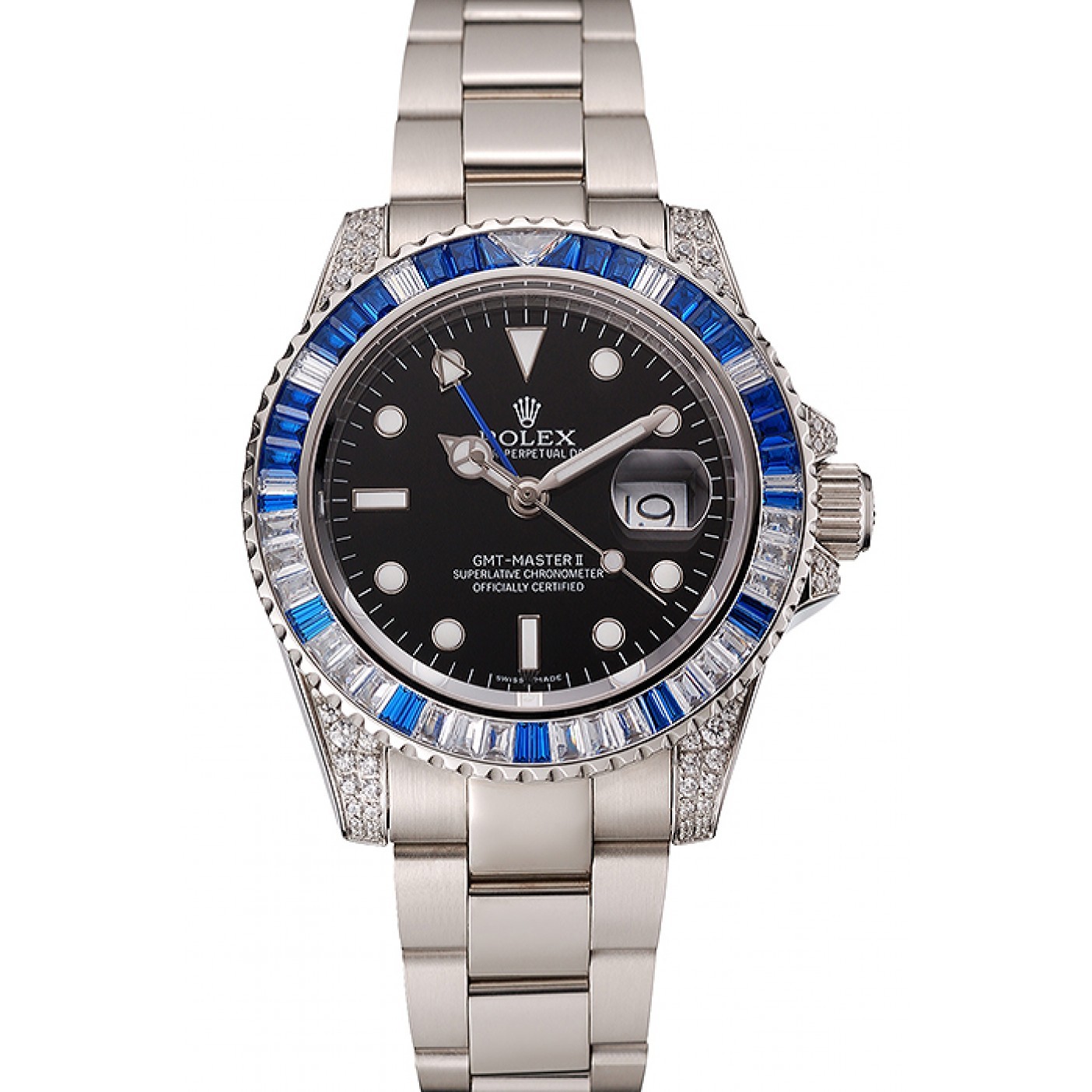 RepTime Watches Swiss Rolex GMT Master II Black Dial Stone Set Bezel Stainless Steel Case And Bracelet 1453747