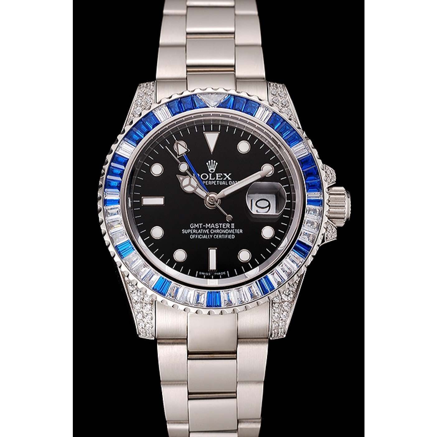 RepTime Watches Swiss Rolex GMT Master II Black Dial Stone Set Bezel Stainless Steel Case And Bracelet 1453747