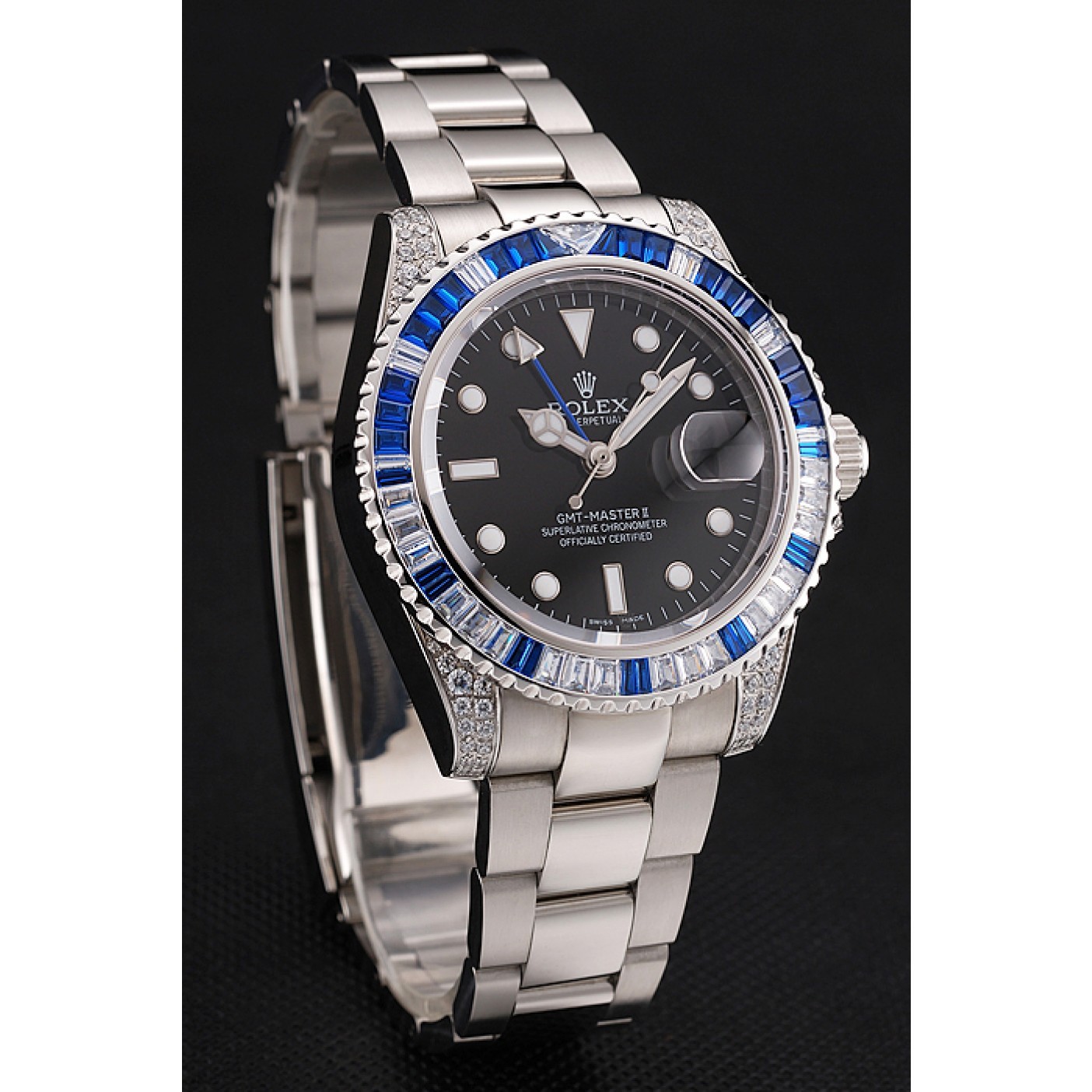 Swiss Rolex GMT Master II Black Dial Stone Set Bezel Stainless Steel Case And Bracelet 1453747