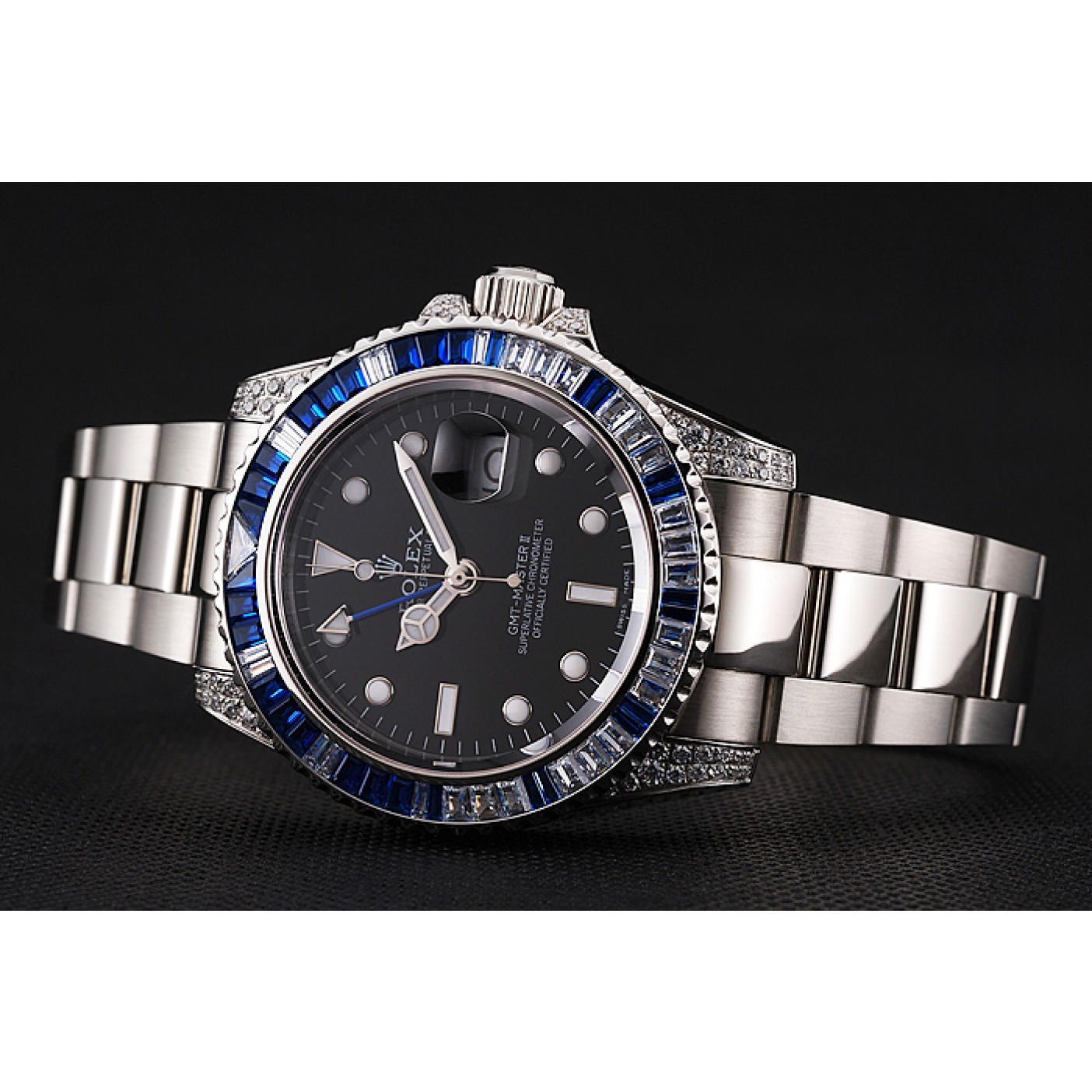 RepTime Watches Swiss Rolex GMT Master II Black Dial Stone Set Bezel Stainless Steel Case And Bracelet 1453747