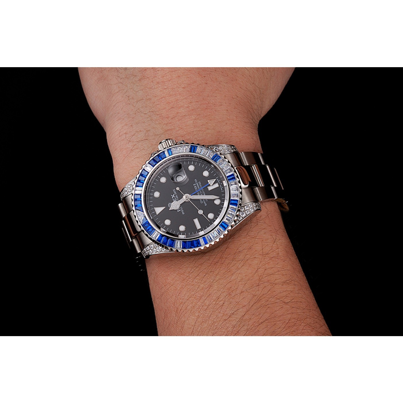 Swiss Rolex GMT Master II Black Dial Stone Set Bezel Stainless Steel Case And Bracelet 1453747