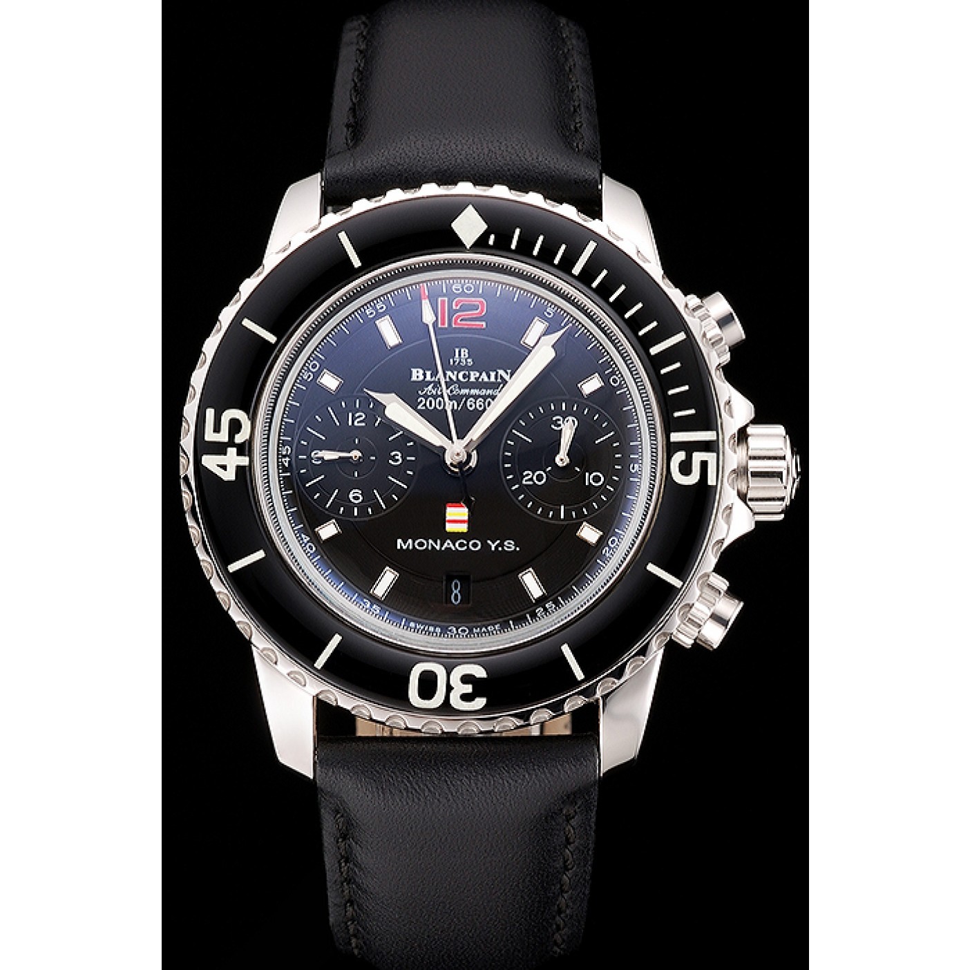 Swiss Blancpain Air Command Monaco YS Black Dial Stainless Steel Case Black Leather Strap