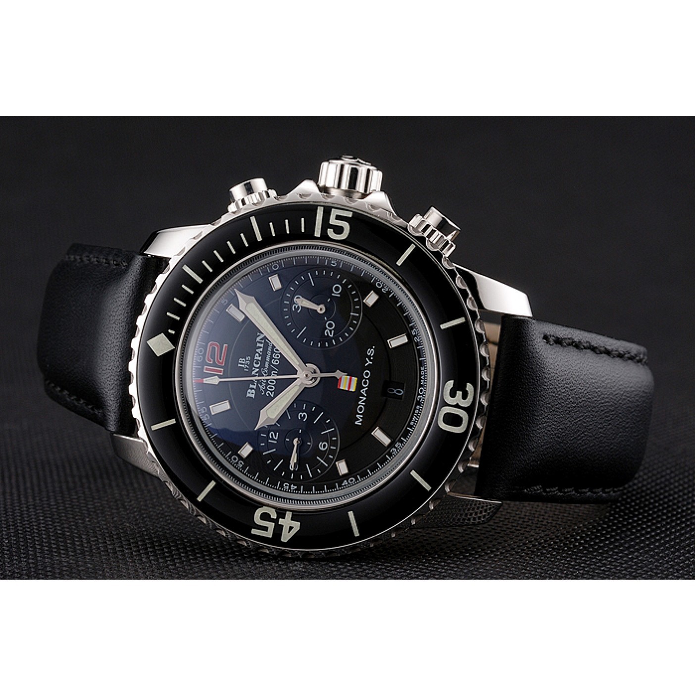 Swiss Blancpain Air Command Monaco YS Black Dial Stainless Steel Case Black Leather Strap