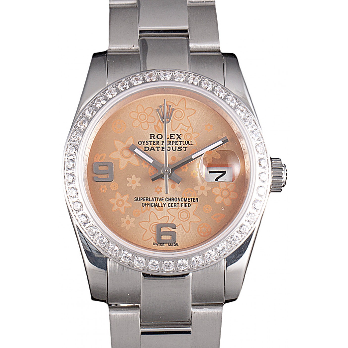 Rolex Datejust Polished Stainless Steel Orange Flowers Dial Diamond Plated