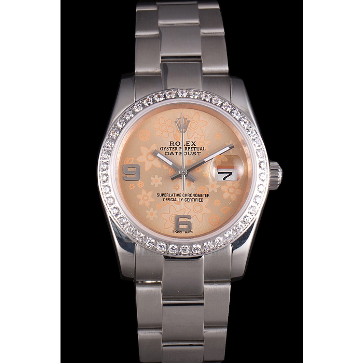 Rolex Datejust Polished Stainless Steel Orange Flowers Dial Diamond Plated