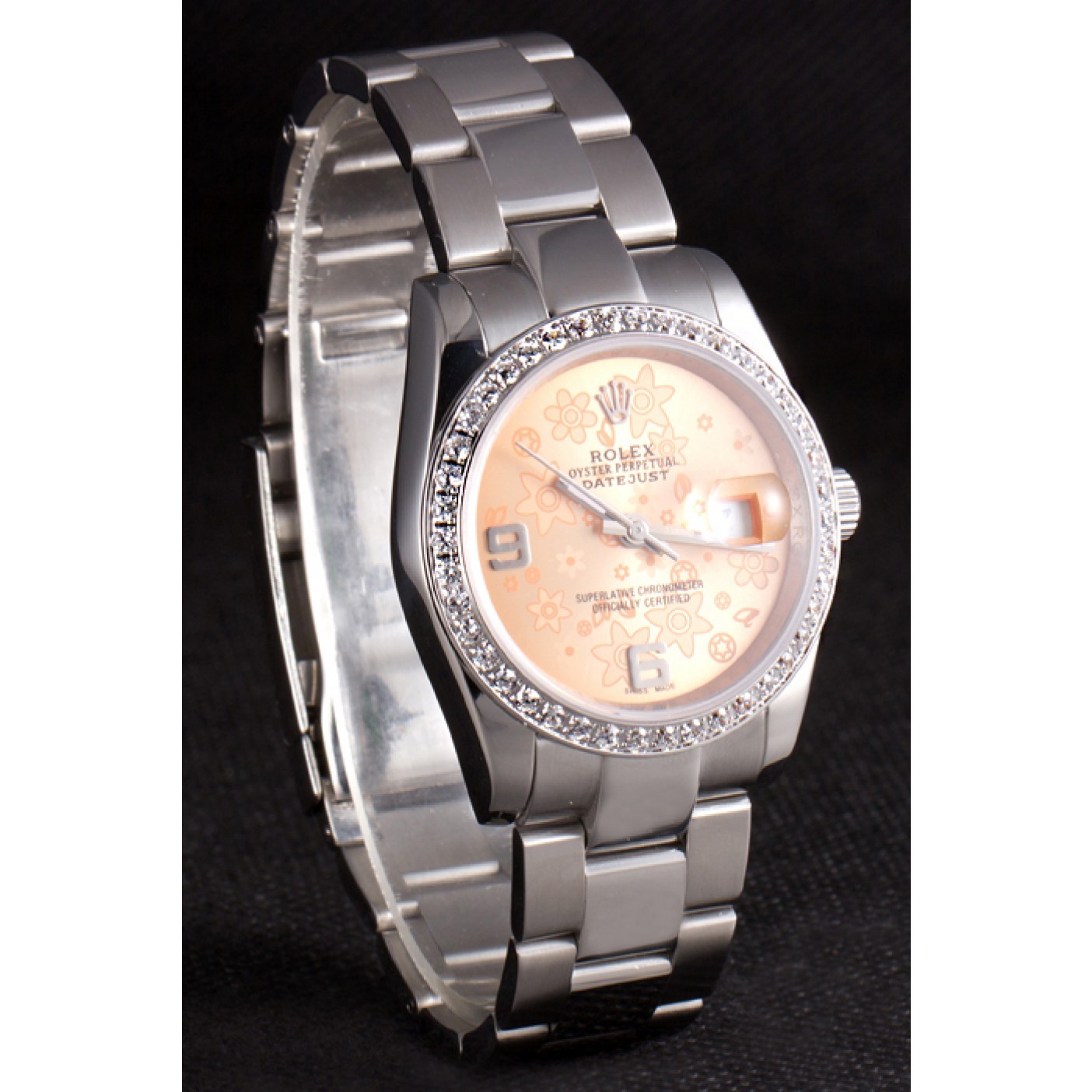 Rolex Datejust Polished Stainless Steel Orange Flowers Dial Diamond Plated