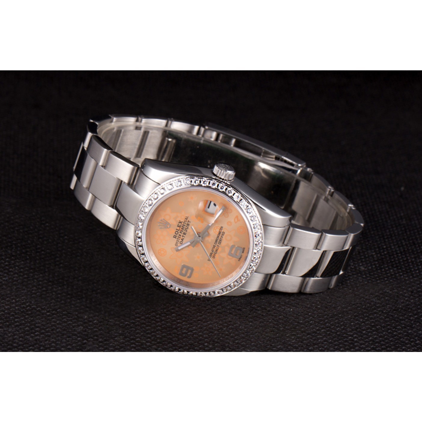 RepTime Watches Rolex Datejust Polished Stainless Steel Orange Flowers Dial Diamond Plated