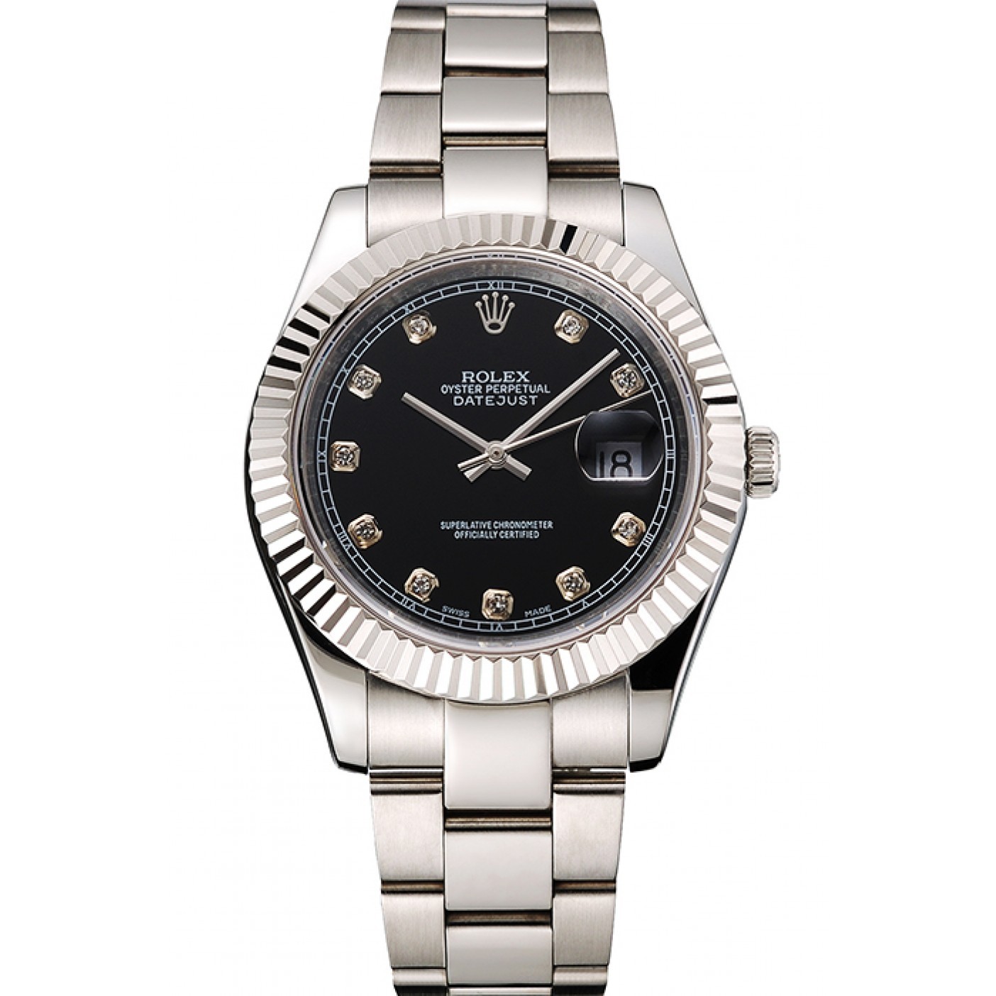 RepTime Watches Swiss Rolex Datejust Black Dial Dimond Hour Marks Stainless Steel Case And Bracelet