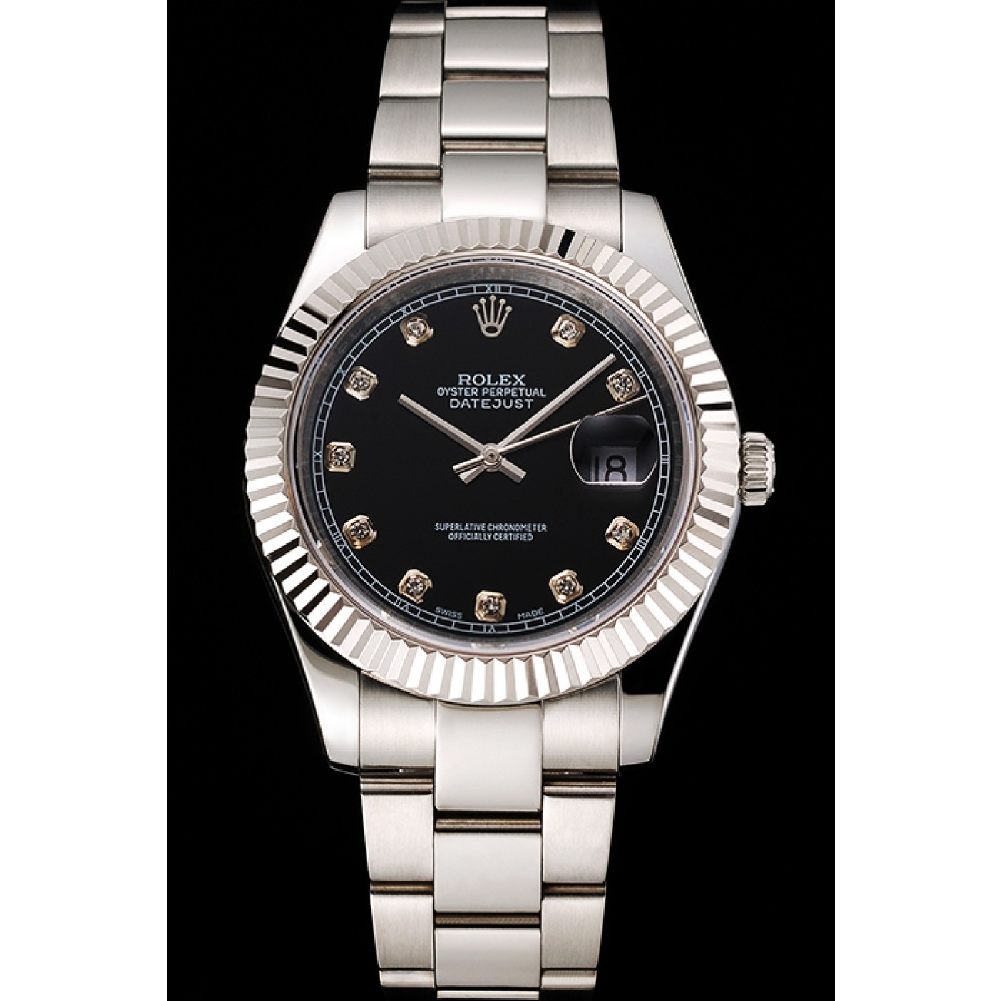 RepTime Watches Swiss Rolex Datejust Black Dial Dimond Hour Marks Stainless Steel Case And Bracelet