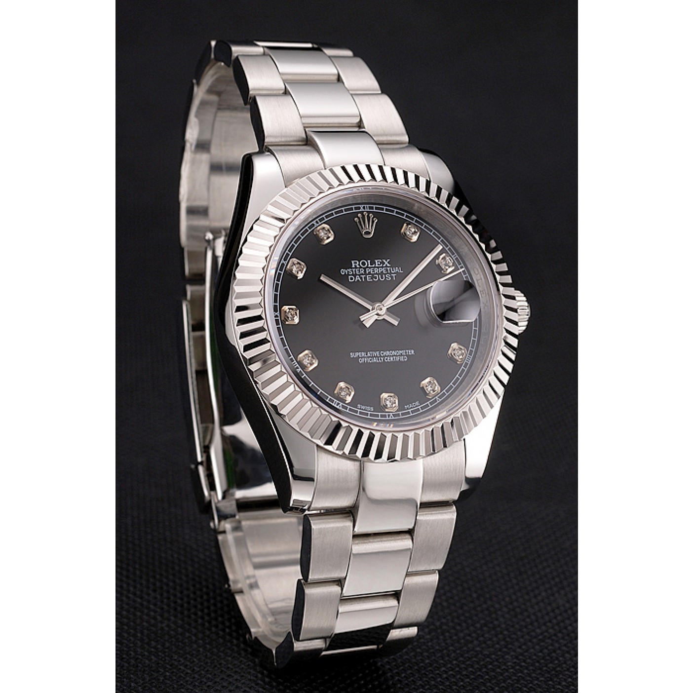 RepTime Watches Swiss Rolex Datejust Black Dial Dimond Hour Marks Stainless Steel Case And Bracelet