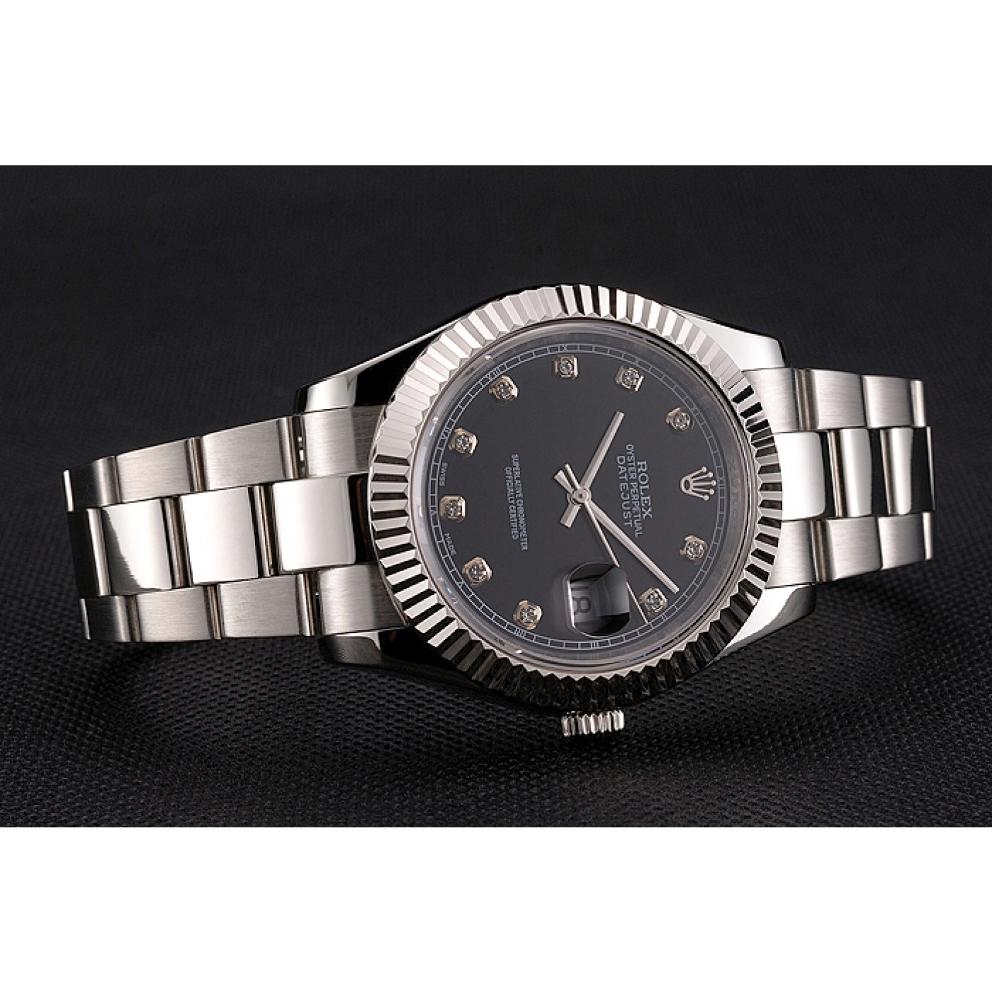 RepTime Watches Swiss Rolex Datejust Black Dial Dimond Hour Marks Stainless Steel Case And Bracelet