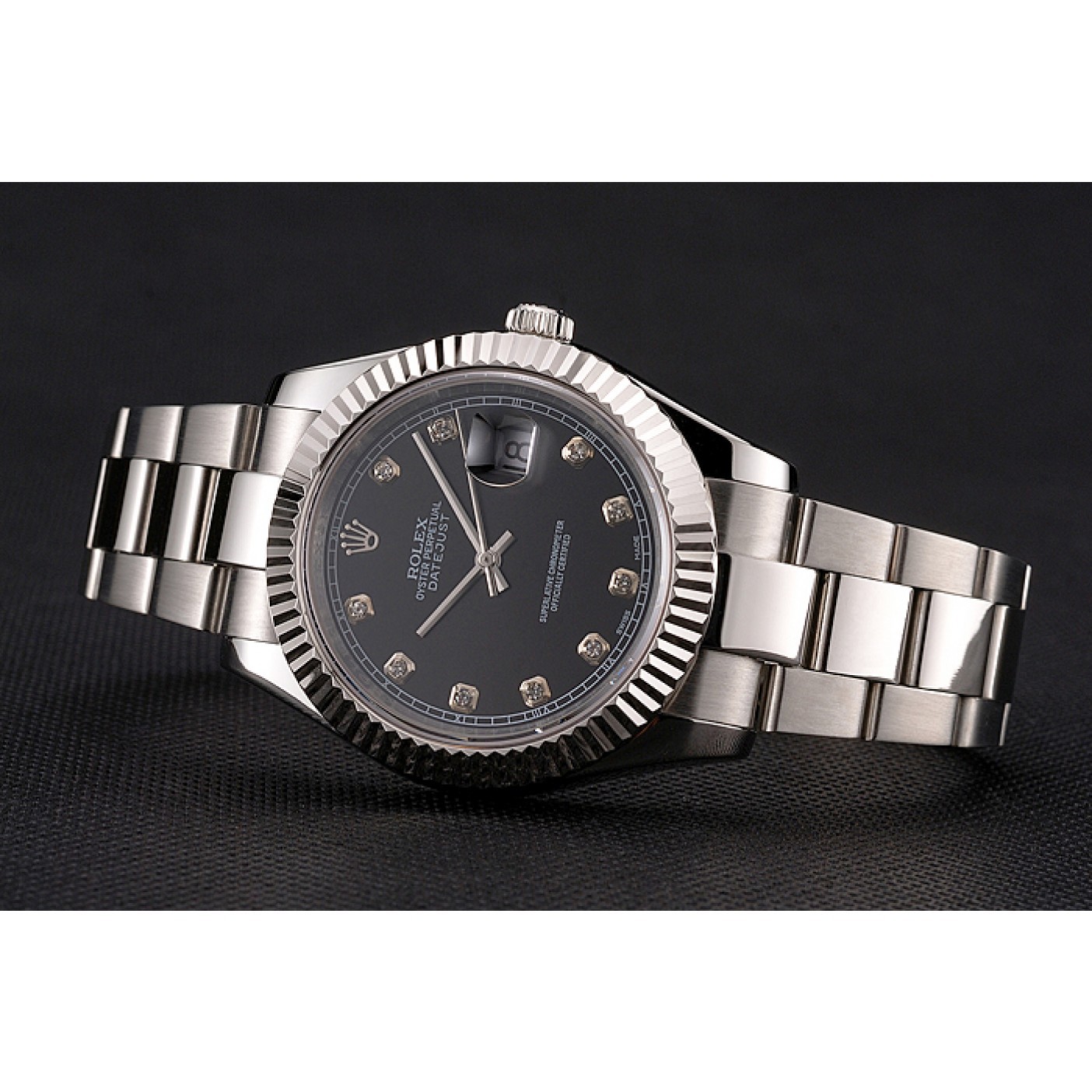 Swiss Rolex Datejust Black Dial Dimond Hour Marks Stainless Steel Case And Bracelet