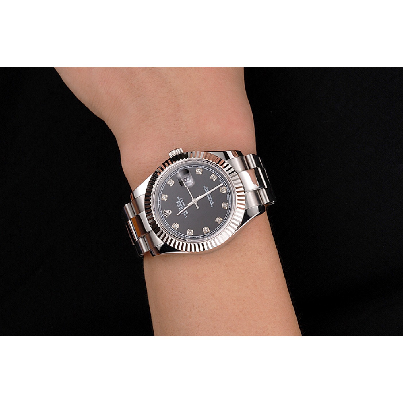 Swiss Rolex Datejust Black Dial Dimond Hour Marks Stainless Steel Case And Bracelet