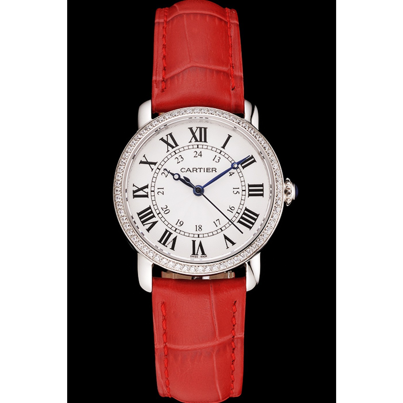 Cartier Ronde White Dial Diamond Bezel Stainless Steel Case Red Leather Strap